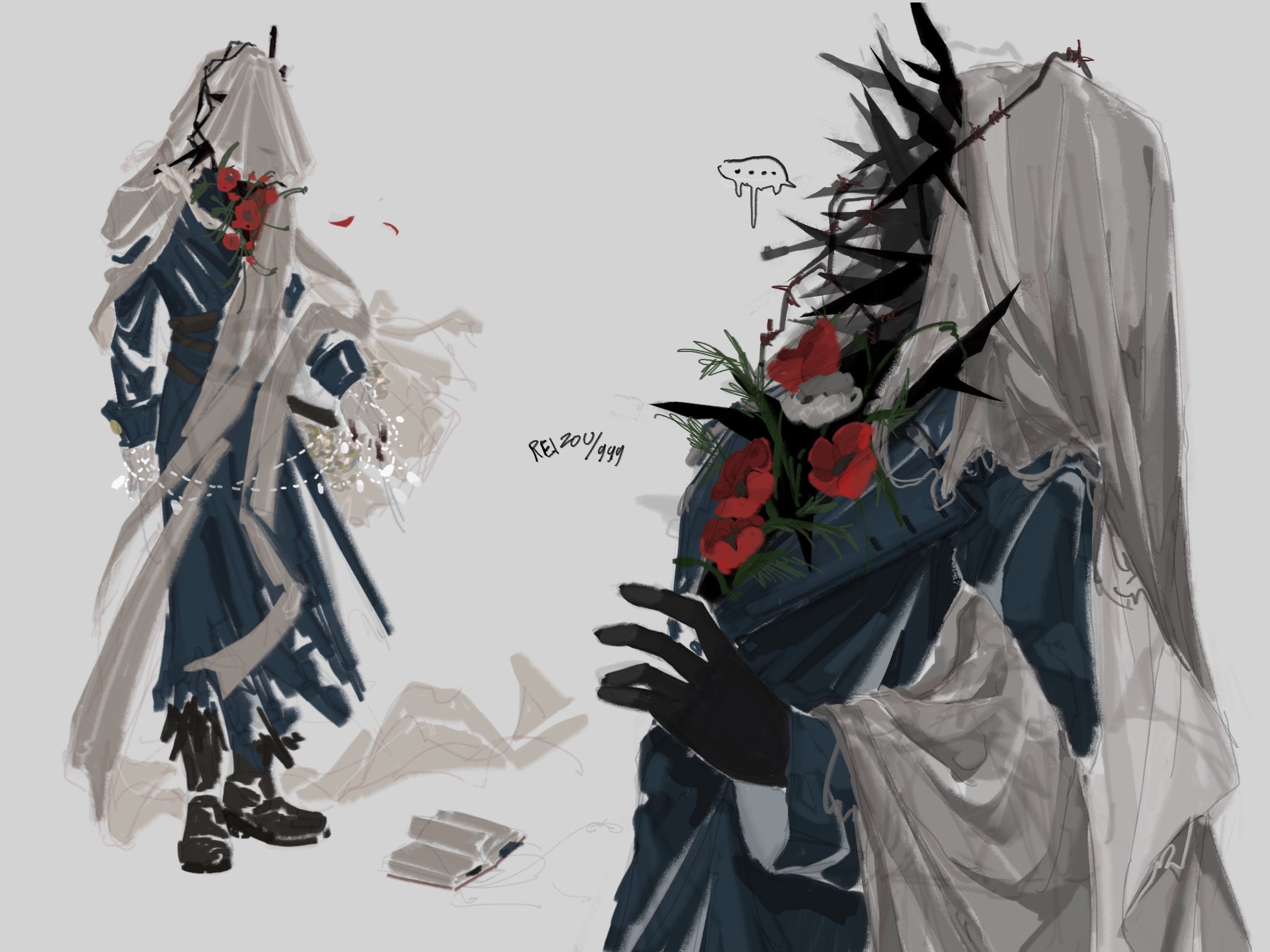 fujji 771, reverse:1999, highres, …, 1boy, black boots, black gloves, blue coat, boots, charon (reverse:1999), coat, dog tags, flower, full body, gloves, grey background, holding dog tags, male focus, multiple views, notebook, object head, poppy (flower), red flower, speech bubble, spoken ellipsis, standing, upper body, veil, white gloves, white veil