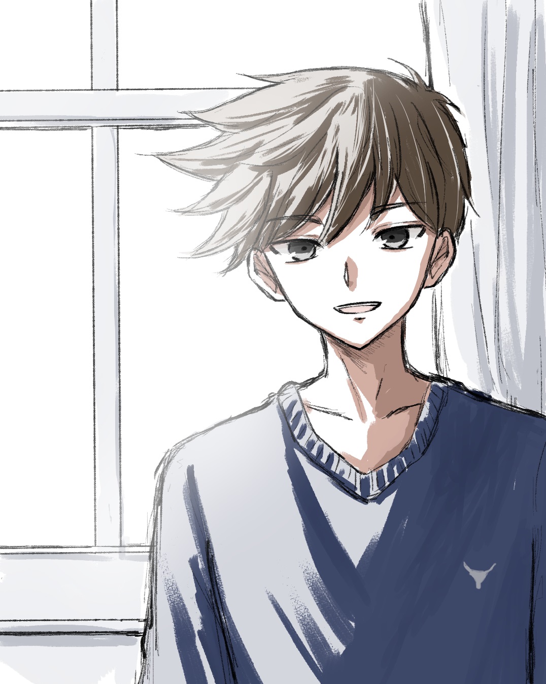 hero (faraway) (omori), hero (omori), omori, highres, 1boy, :d, antenna hair, arms at sides, black eyes, blue sweater, brown hair, collarbone, hair behind ear, hair between eyes, indoors, looking at viewer, male focus, open mouth, qq (oooomoribiglove), short hair, sidelighting, simple background, smile, solo, sweater, swept bangs, teeth, tsurime, upper body, upper teeth only, very short hair, white background, window