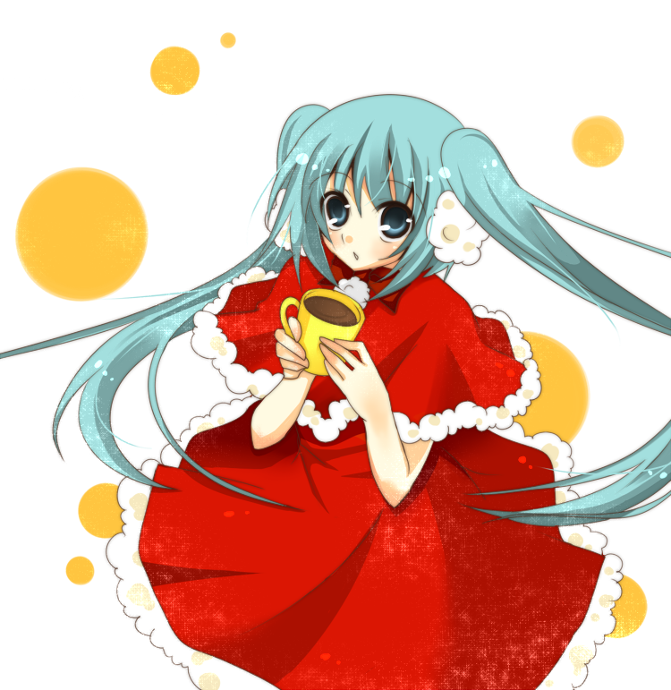 sumisaki yuzuna, hatsune miku, vocaloid, bad id, bad pixiv id, 1girl, blue eyes, blue hair, cup, female focus, long hair, matching hair/eyes, solo, twintails