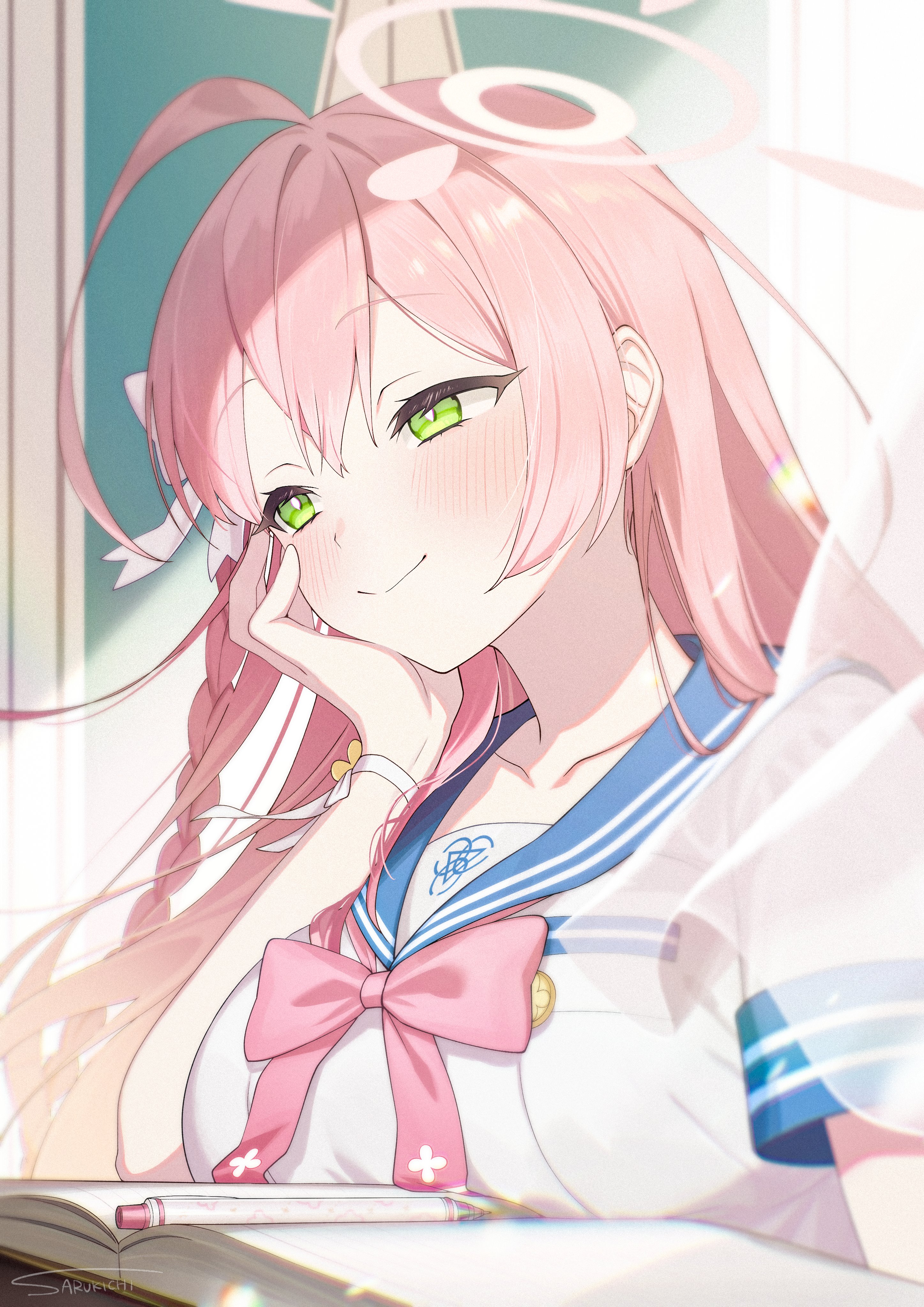sarukichi, hanako (blue archive), blue archive, absurdres, commentary request, highres, 1girl, ahoge, blue sailor collar, blush, bow, bowtie, braid, breasts, bright pupils, classroom, closed mouth, curtains, desk, green eyes, halo, hand on own cheek, hand on own face, large breasts, long hair, looking afar, looking ahead, mechanical pencil, notebook, overexposure, pencil, pink bow, pink bowtie, pink hair, pink halo, ribbon, sailor collar, school desk, shirt, short sleeves, side braid, sidelighting, single braid, smile, solo, upper body, very long hair, white pupils, white shirt, wind, wrist ribbon