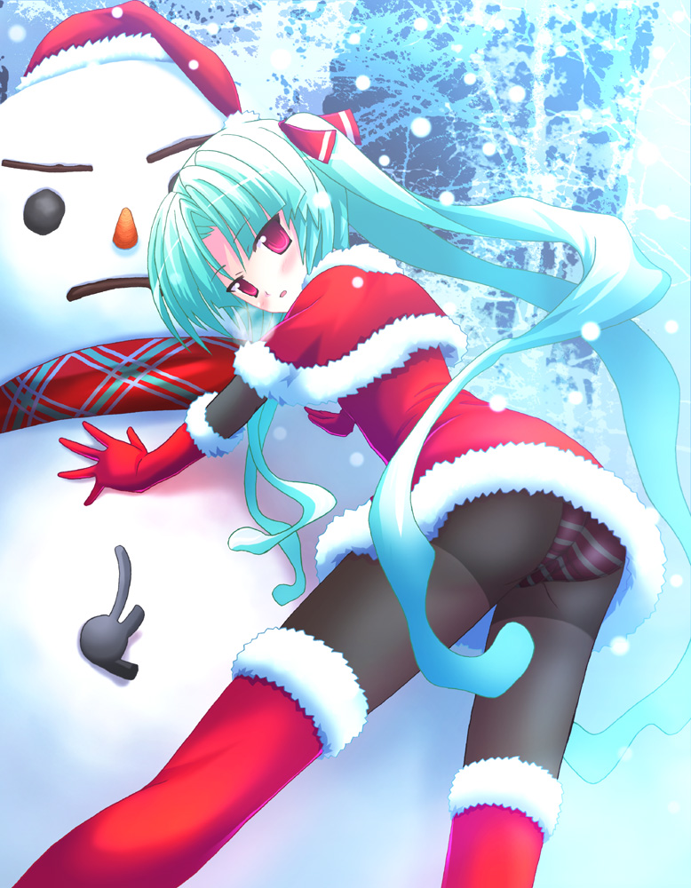 nanao yuki, brynhild schild, burenhiruto shiruto, owari no chronicle, 1girl, aqua hair, ass, capelet, christmas, female focus, green hair, long hair, panties, panties under pantyhose, pantyhose, red eyes, santa costume, snow, snowman, solo, striped clothes, striped panties, thighhighs, twintails, underwear