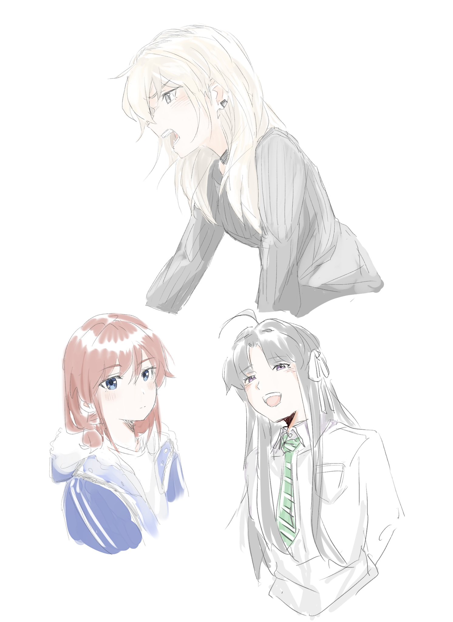 n nai nai n, awa subaru, iseri nina, kawaragi momoka, girls band cry, commentary, highres, 3girls, ahoge, black hair, black sweater, blue jacket, blush, breast pocket, brown hair, diagonal-striped clothes, diagonal-striped necktie, dress shirt, earclip, green necktie, grey hair, hair ribbon, hood, hood down, hooded jacket, jacket, long hair, low twintails, multicolored hair, multiple girls, necktie, open mouth, parted bangs, pocket, ribbon, roots (hair), shirt, short hair, short twintails, striped clothes, sweater, teeth, twintails, upper body, white background, white ribbon