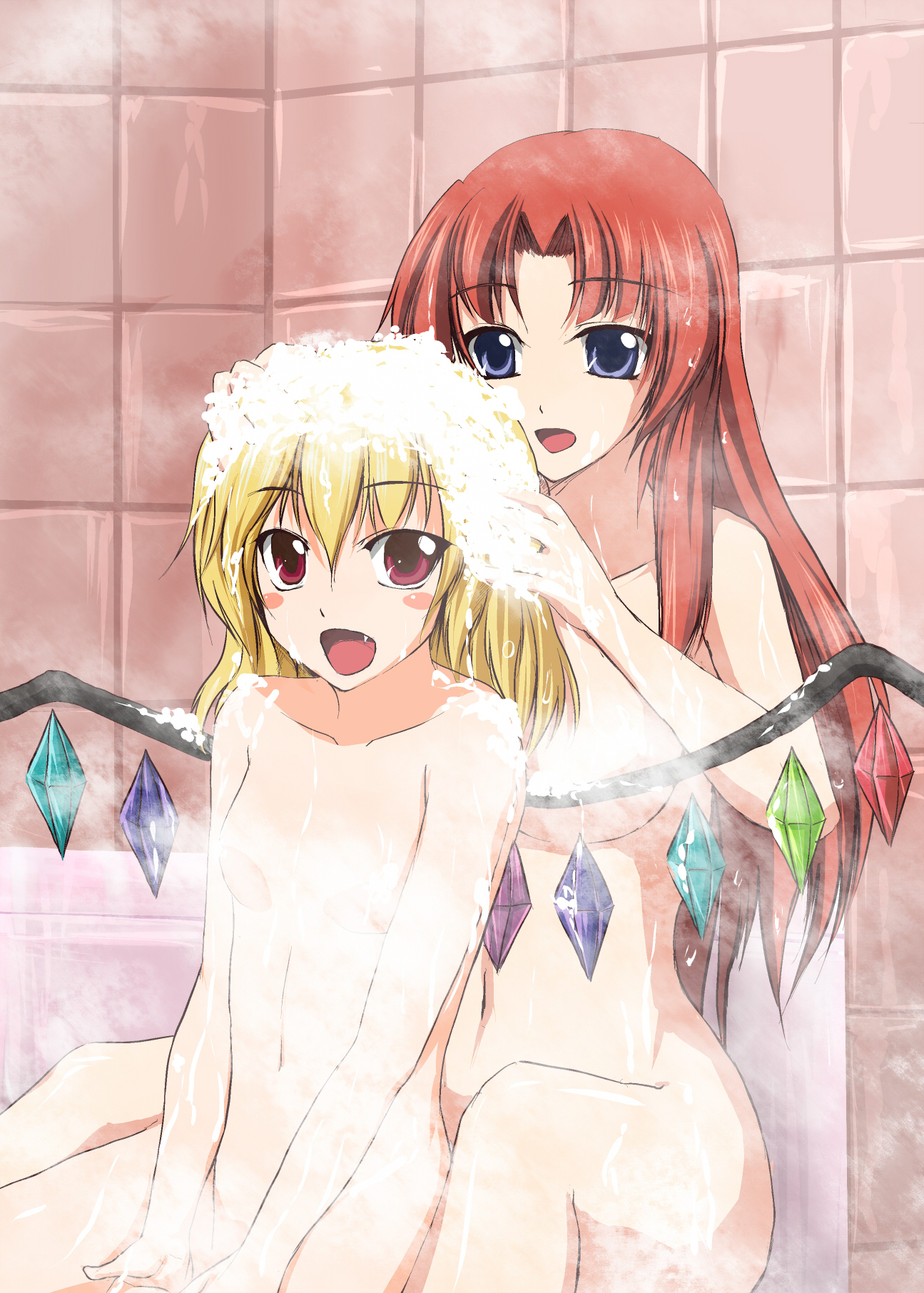 ryuushou, flandre scarlet, hong meiling, embodiment of scarlet devil, touhou, bad id, bad pixiv id, highres, 2girls, bathing, blonde hair, breasts, censored, convenient censoring, fang, female focus, loli, long hair, medium breasts, multiple girls, nude, red hair, same-sex bathing, shared bathing, small breasts, soap, steam, wings