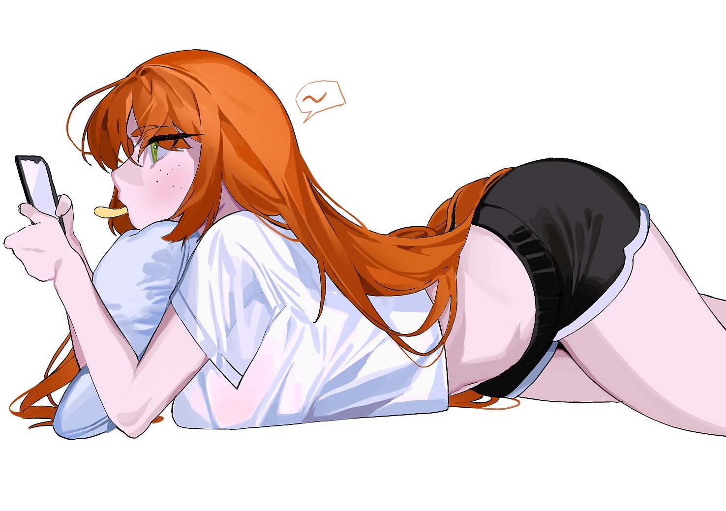 yongsadragon, ishmael (project moon), limbus company, project moon, 1girl, chips (food), food, freckles, holding, holding phone, looking at phone, lying, on stomach, orange hair, phone, potato chips, simple background, solo, speech bubble, white background