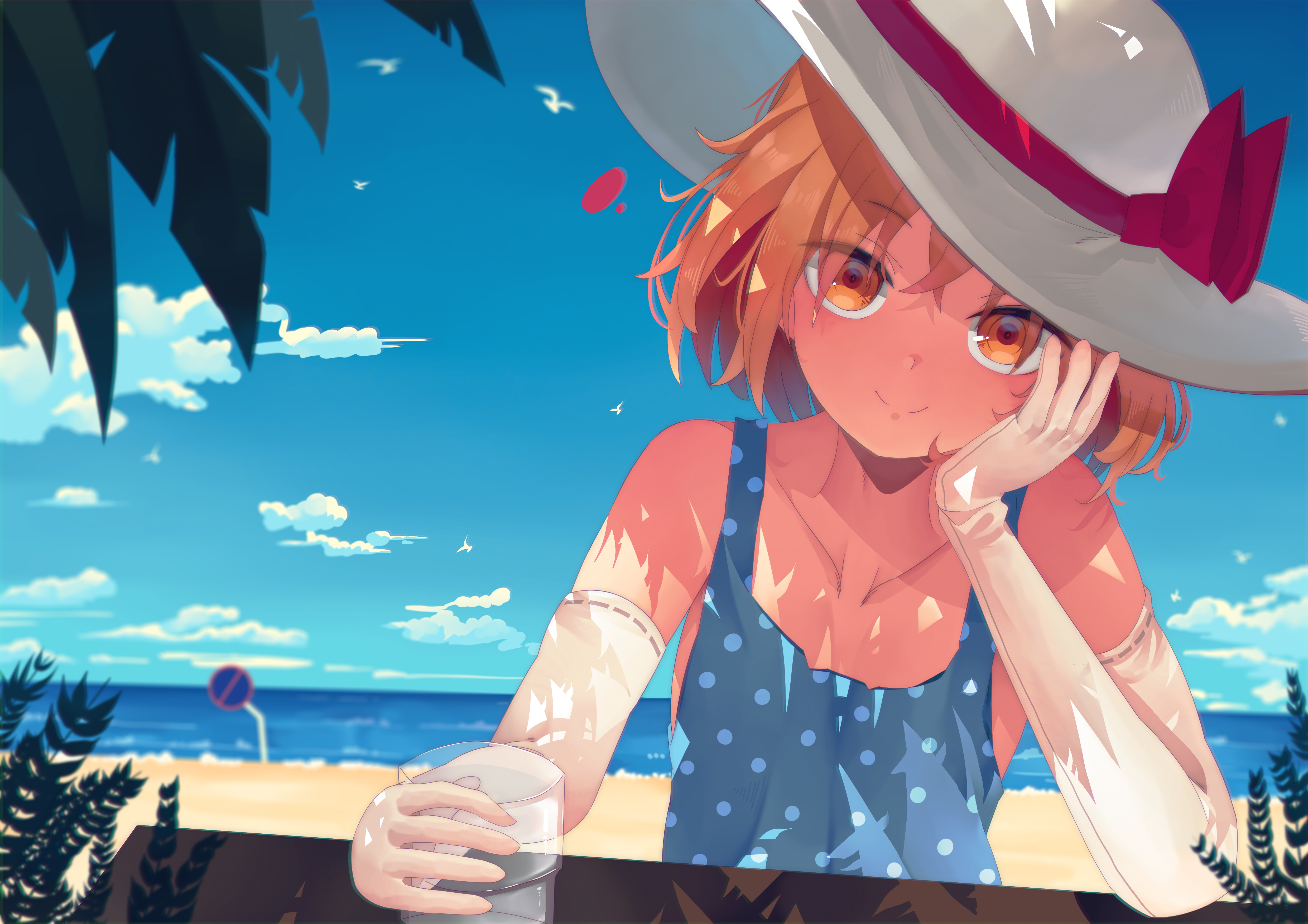 penglai tea, kana anaberal, touhou, touhou (pc-98), absurdres, highres, 1girl, arm support, beach, blue dress, blue sky, brown eyes, brown hair, dress, elbow gloves, gloves, hat, ocean, short hair, sitting, sky, solo, white gloves, white hat
