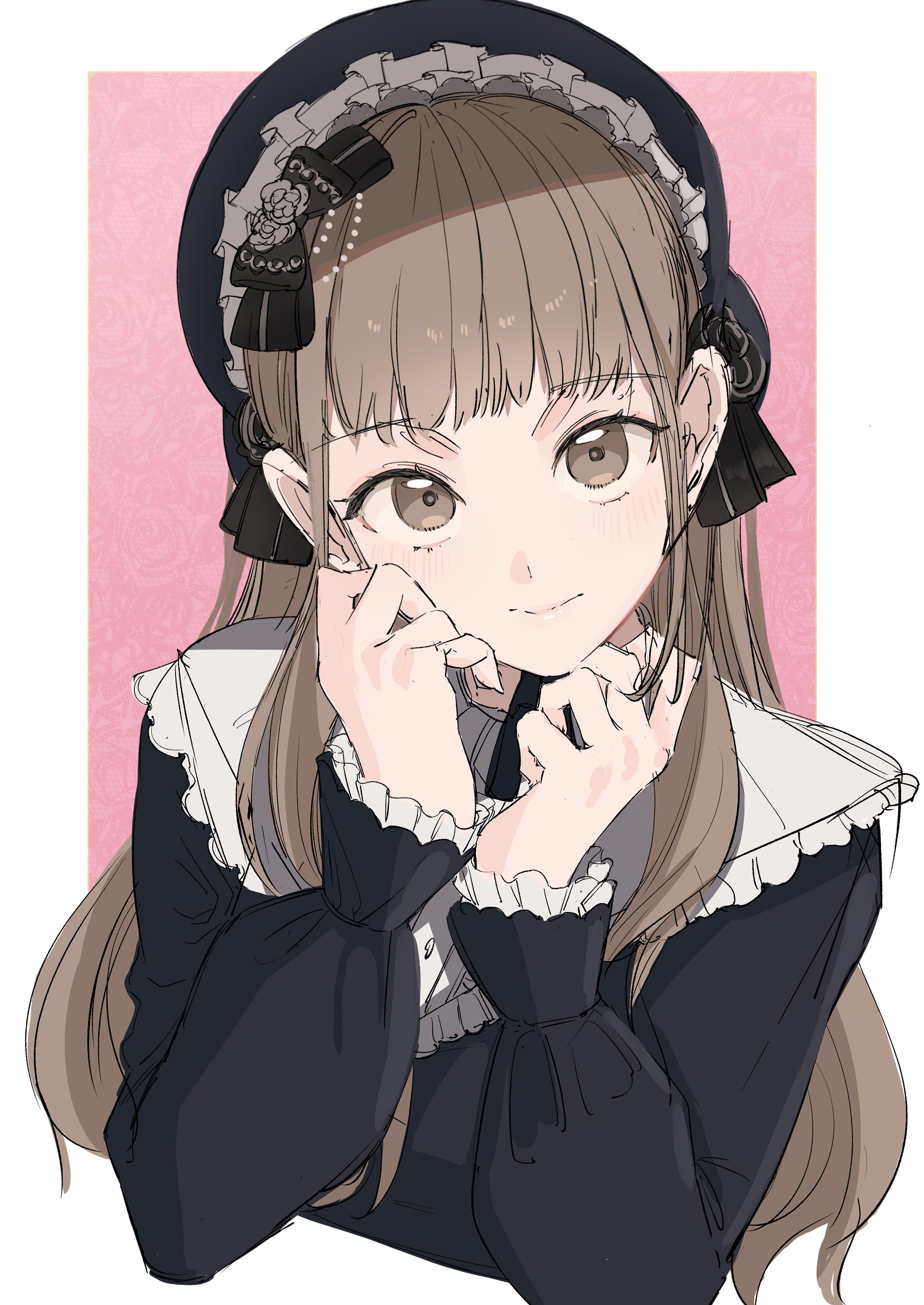 ogura tubuan, sister claire, sister claire (11th costume), nijisanji, absurdres, highres, 1girl, black bonnet, black dress, bonnet, brown eyes, brown hair, closed mouth, cropped torso, dress, light blush, long hair, long sleeves, looking at viewer, official alternate costume, pink background, puritan collar, sidelocks, smile, solo, straight hair, upper body, victorian, virtual youtuber, wispy bangs
