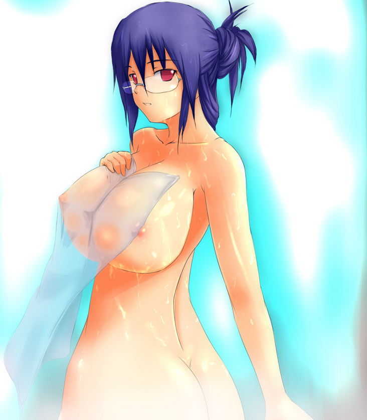 onibi (foxhound4185), bad id, bad pixiv id, ass, bath, blue hair, breasts, covered erect nipples, covering privates, glasses, hair bun, huge breasts, long hair, nipples, nude, nude cover, red eyes, see-through clothes, single hair bun, solo, towel, wet