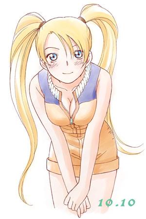 baorai, naruko (naruto), uzumaki naruto, naruto (classic), naruto (series), lowres, 1girl, bare arms, blonde hair, blue eyes, blue shirt, blush, breasts, cleavage, closed mouth, collarbone, facing viewer, female focus, genderswap, genderswap (mtf), hair tie, happy, large breasts, leaning forward, long hair, looking at viewer, multicolored shirt, orange shirt, orange shorts, own hands together, shirt, shorts, simple background, sleeveless, smile, solo, standing, twintails, very long hair, white background, white shirt, zipper, zipper pull tab