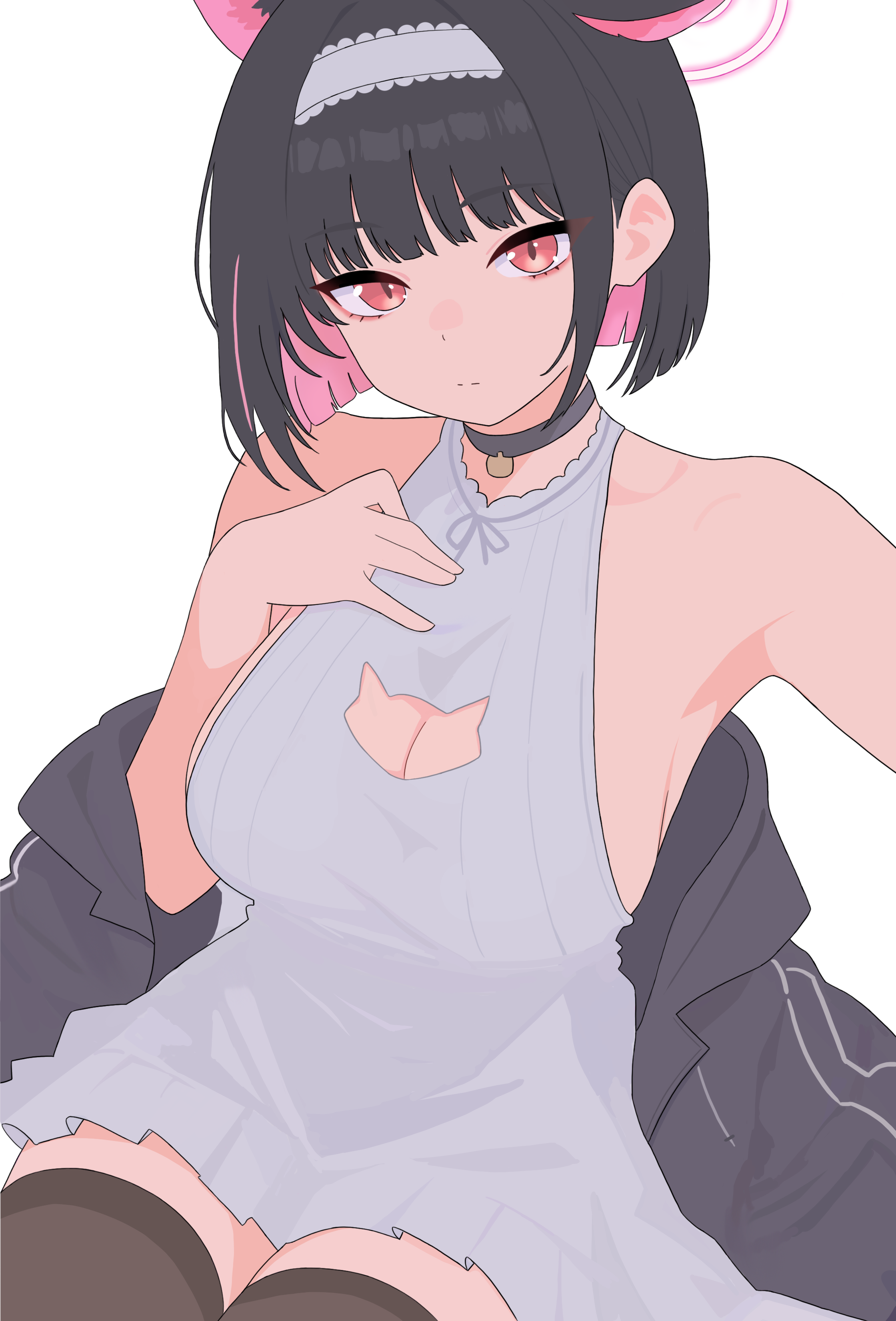 kazusa (blue archive), blue archive, absurdres, commentary, highres, 1girl, alternate breast size (larger), alternate costume, animal ears, armpits, black choker, black hair, black jacket, black thighhighs, blunt ends, breasts, cat ears, choker, cleavage cutout, clothing cutout, colored inner hair, dress, extra ears, halo, hand on own chest, jacket, large breasts, looking at viewer, multicolored hair, pink hair, short hair, sideboob, sideless dress, solo, thejx 063, thighhighs, two-tone hair, unworn jacket, white dress