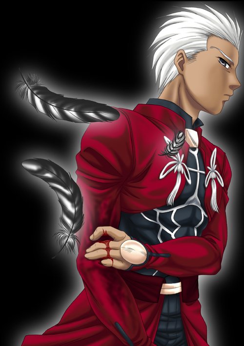 hazama (perdition), archer (fate), fate/stay night, fate (series), 00s, 1boy, blood, dark-skinned male, dark skin, feathers, injury, male focus, solo, white hair