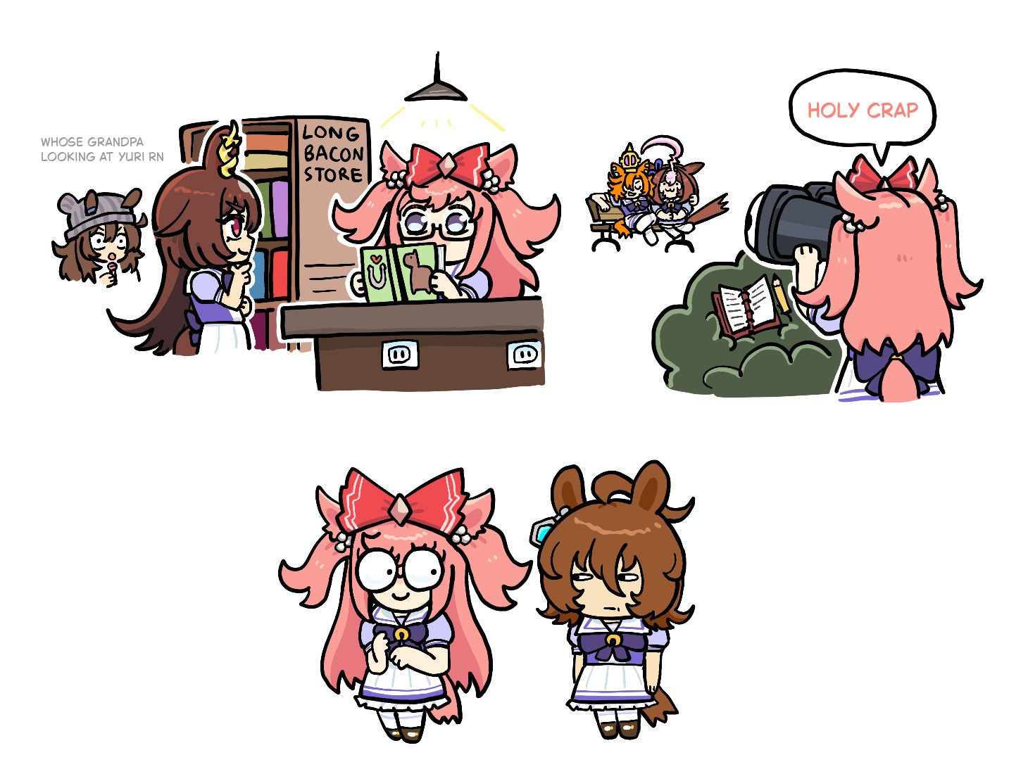 agnes digital (umamusume), agnes tachyon (umamusume), meisho doto (umamusume), nakayama festa (umamusume), sirius symboli (umamusume), t.m. opera o (umamusume), chupa chups, umamusume, 6+girls, ahoge, animal ears, arm around neck, back bow, bare arms, beanie, bespectacled, binoculars, black-framed eyewear, blue bow, blue bowtie, blue eyes, blue ribbon, blue shirt, book, bow, bowtie, brooch, brown hair, brown shoes, bush, candy, ceiling light, chibi, cropped legs, crown, diamond hair ornament, ear bow, ear ornament, earrings, ears through headwear, elbows on table, electrical outlet, english text, eyelashes, food, frilled skirt, frills, from behind, glasses, gold crown, grey hat, hair between eyes, hair bobbles, hair bow, hair ornament, hand on own chin, hand on own elbow, hat, heart, hexagon, himejoshi, holding, holding binoculars, holding book, holding candy, holding food, holding lollipop, horse, horse ears, horse girl, horse tail, horseshoe, horseshoe ornament, huge ahoge, jewelry, large bow, lollipop, long hair, long hair between eyes, medium skirt, messy hair, mini crown, multicolored hair, multiple girls, multiple views, on bench, orange hair, pikminpreggedup, pink hair, pleated skirt, pom pom (clothes), puffy short sleeves, puffy sleeves, reading, red bow, red eyes, ribbon, school uniform, shirt, shoes, short hair, short sleeves, sidelocks, simple background, sitting, skirt, speech bubble, stalking, standing, streaked hair, surprised, tail, tail raised, thighhighs, tracen school uniform, two-tone shirt, two side up, unamused, uwabaki, very long hair, white background, white shirt, white skirt, white thighhighs, wide-eyed, yuri, yuri (object)