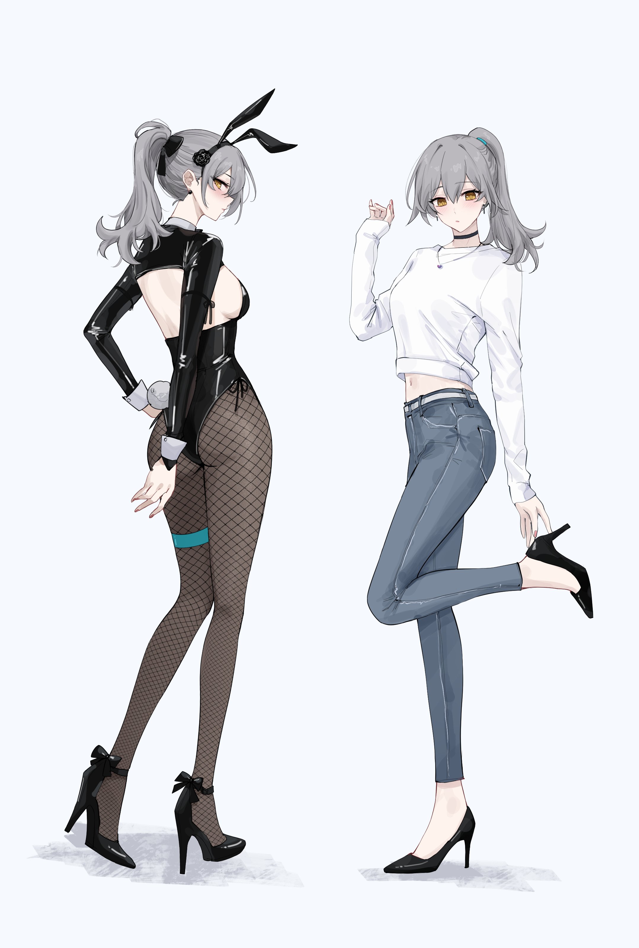 feint721, stelle (honkai: star rail), trailblazer (honkai: star rail), honkai: star rail, honkai (series), skinny jeans, absurdres, highres, 2girls, :/, adjusting footwear, alternate costume, alternate hairstyle, animal ear hairband, animal ears, arm at side, ass, back, backless leotard, belt, black choker, black leotard, black pantyhose, black ribbon, black shoes, black shrug, blue pants, blush, breasts, casual, choker, closed mouth, double-parted bangs, dual persona, earrings, fake animal ears, fake tail, fishnet pantyhose, fishnets, full body, grey background, grey hair, hair behind ear, hair between eyes, hair ribbon, hair tie, hairband, hand on own hip, hand up, heart, heart necklace, high heels, high ponytail, jewelry, knees together feet apart, latex, latex leotard, latex shrug, leg up, legs, leotard, lone nape hair, long hair, long sleeves, looking at viewer, looking back, medium breasts, midriff, multiple girls, navel, necklace, pants, pantyhose, playboy bunny, pocket, ponytail, profile, pumps, rabbit ear hairband, rabbit ears, rabbit tail, ribbon, ribbon-trimmed sleeves, ribbon trim, seams, shirt, shoes, shrug (clothing), sideboob, sideways glance, simple background, sleeves past wrists, standing, standing on one leg, strapless, strapless leotard, strappy heels, stud earrings, tail, thigh strap, white belt, white shirt, white tail, white wrist cuffs, wrist cuffs, yellow eyes