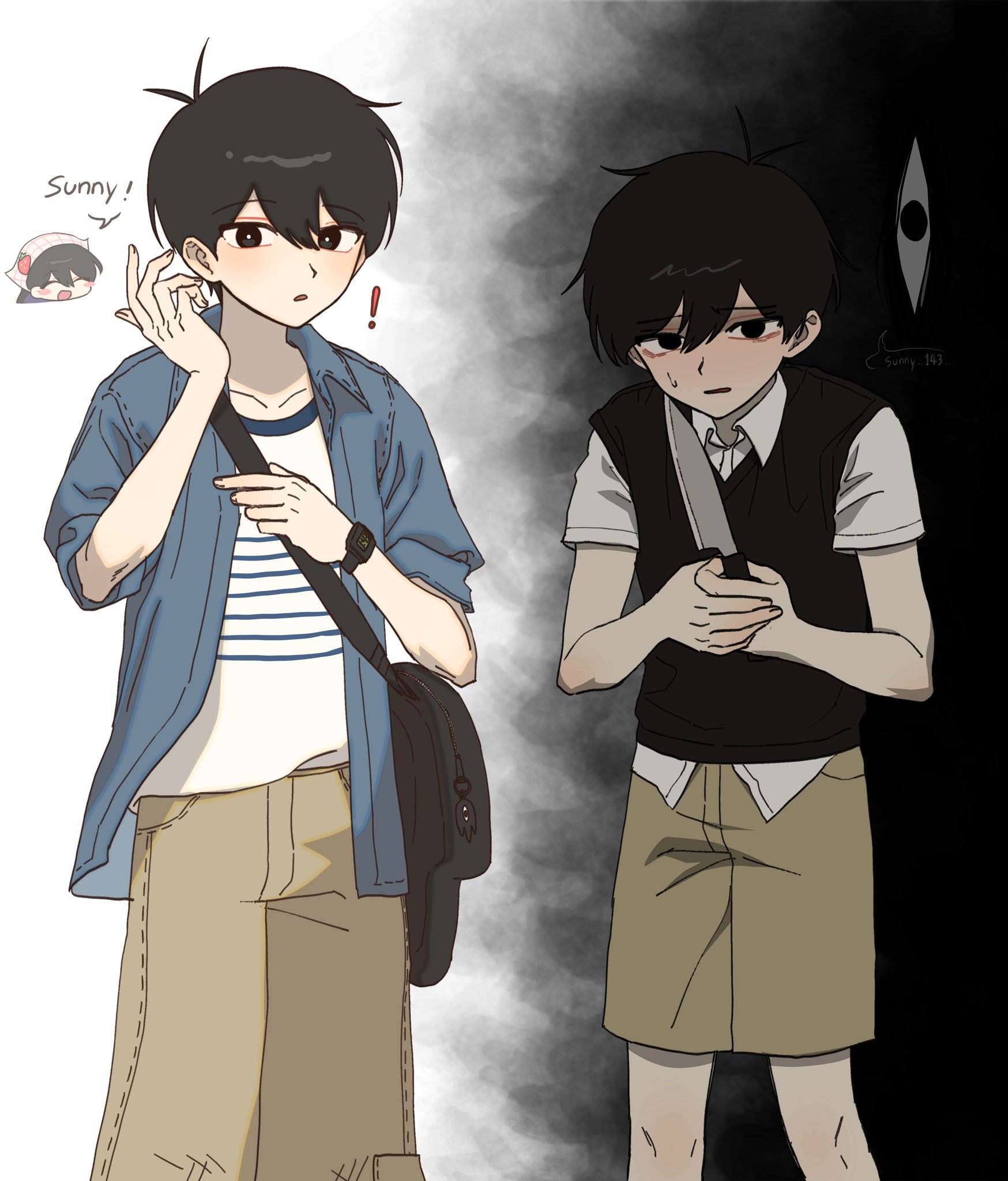 iomor snuuy, mari (birthday) (omori), mari (faraway) (omori), mari (omori), something (omori), sunny (birthday) (omori), sunny (omori), omori, commentary request, highres, korean commentary, !, 1girl, 2boys, :d, :o, ^ ^, antenna hair, bag, baggy pants, bare arms, black background, black bag, black eyes, black hair, black sweater vest, blue jacket, blue shirt, bright pupils, brother and sister, brown pants, brown shorts, character bag, character charm, charm (object), closed eyes, collarbone, collared jacket, collared shirt, denim, denim jacket, double-parted bangs, dual persona, empty eyes, feet out of frame, fingernails, hair behind ear, hair between eyes, hands up, headscarf, holding, holding bag, holding knife, jacket, kitchen knife, knife, looking at viewer, male focus, multiple boys, no pupils, official alternate costume, open clothes, open jacket, open mouth, pants, shirt, short-sleeved jacket, short hair, short sleeves, shorts, shoulder bag, siblings, simple background, smile, speech bubble, standing, striped clothes, striped shirt, sweatdrop, sweater vest, two-tone shirt, very short hair, watch, white background, white hair, white headscarf, white pupils, white shirt, wristwatch