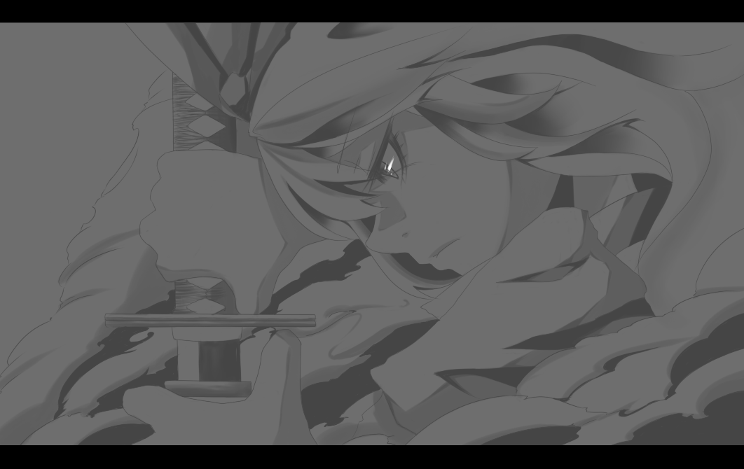 melonpan (meidocafer), konpaku youmu, touhou, 1girl, female focus, greyscale, katana, letterboxed, monochrome, solo, spot color, sword, upper body, weapon