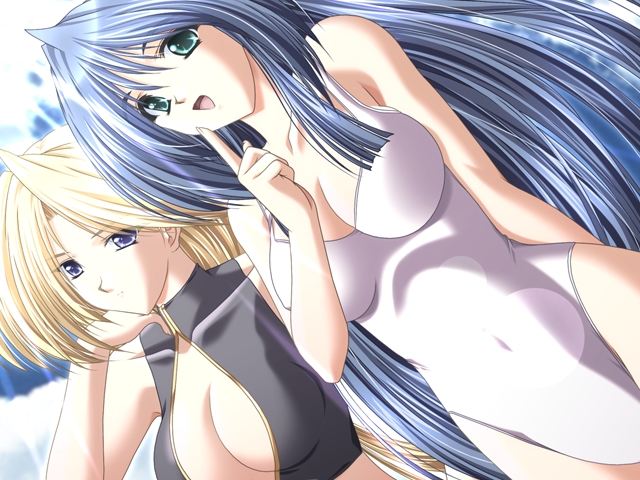 aoi hatori, garnet flair arcland, kazusagawa mizuha, doki doki princess, game cg, non-web source, 2girls, bikini, blonde hair, blue eyes, blue hair, dutch angle, green eyes, long hair, multiple girls, swimsuit