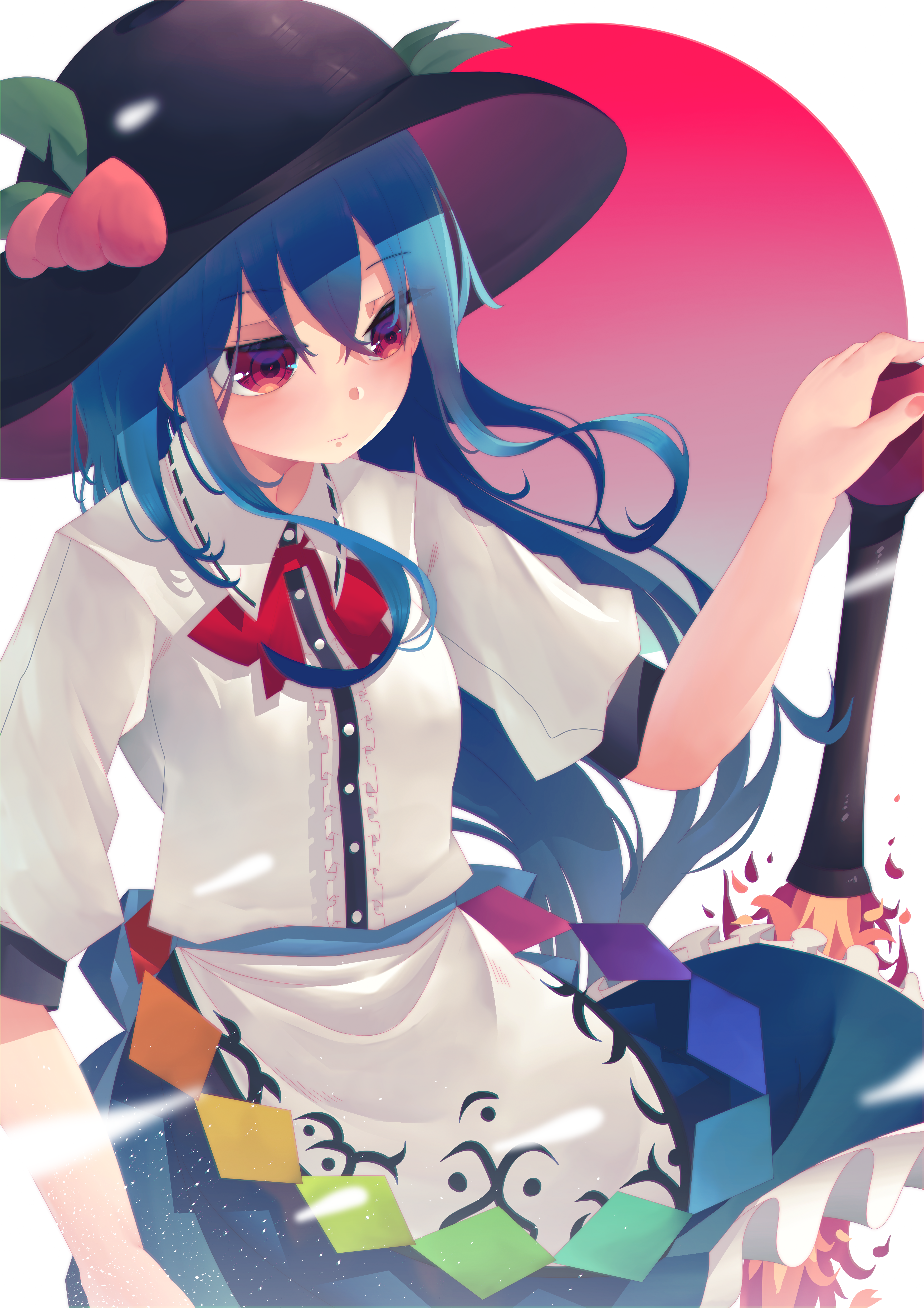 penglai tea, hinanawi tenshi, touhou, absurdres, highres, 1girl, black hat, blue hair, blue skirt, hat, long hair, peach hat ornament, red eyes, shirt, skirt, solo, sword of hisou, white shirt