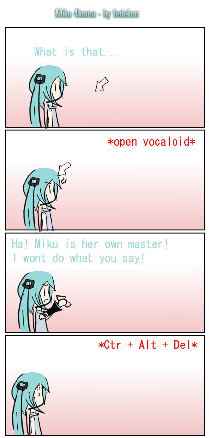 fedekun, hatsune miku, vocaloid, self-upload, 1girl, 4koma, aqua hair, bare shoulders, blush, comic, cursor, detached sleeves, english text, from side, long hair, long sleeves, pink background, profile, simple background, text focus, twintails, very long hair