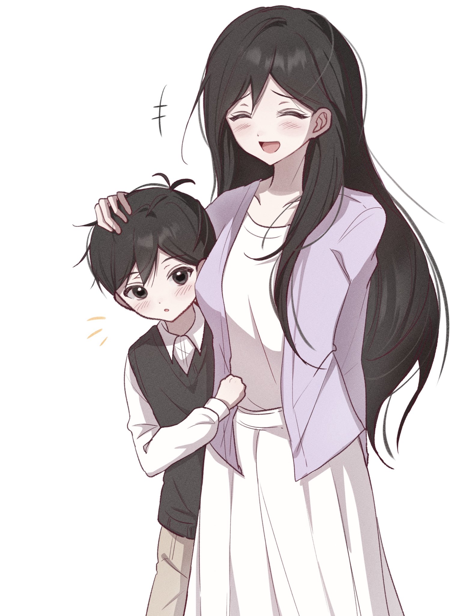 mari (faraway) (omori), mari (omori), sunny (omori), omori, hashtag-only commentary, highres, +++, 1boy, 1girl, :d, :o, ^ ^, alternate sleeve length, antenna hair, black eyes, black hair, black sweater vest, blush, breasts, brown pants, closed eyes, collared shirt, cowboy shot, double-parted bangs, dress, film grain, hair behind ear, hair between eyes, hair over shoulder, hand on another's head, height difference, jacket, long hair, long sleeves, looking at viewer, medium breasts, notice lines, open clothes, open jacket, open mouth, pants, pleated dress, puffy long sleeves, puffy sleeves, purple jacket, raised inner eyebrows, shirt, short hair, smile, standing, sweater vest, tongue, very long hair, very short hair, white dress, white shirt, wktdms1