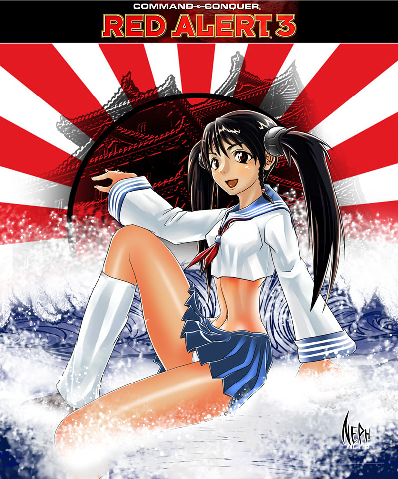yuriko omega, command & conquer, command & conquer: red alert, command & conquer: red alert 3, red alert 3, 1girl, :d, breasts, crop top, female focus, long sleeves, looking at viewer, midriff, navel, open mouth, panties, pantyshot, pleated skirt, school uniform, serafuku, sitting, skirt, smile, solo, splashing, stomach, twintails, underwear, water, white panties