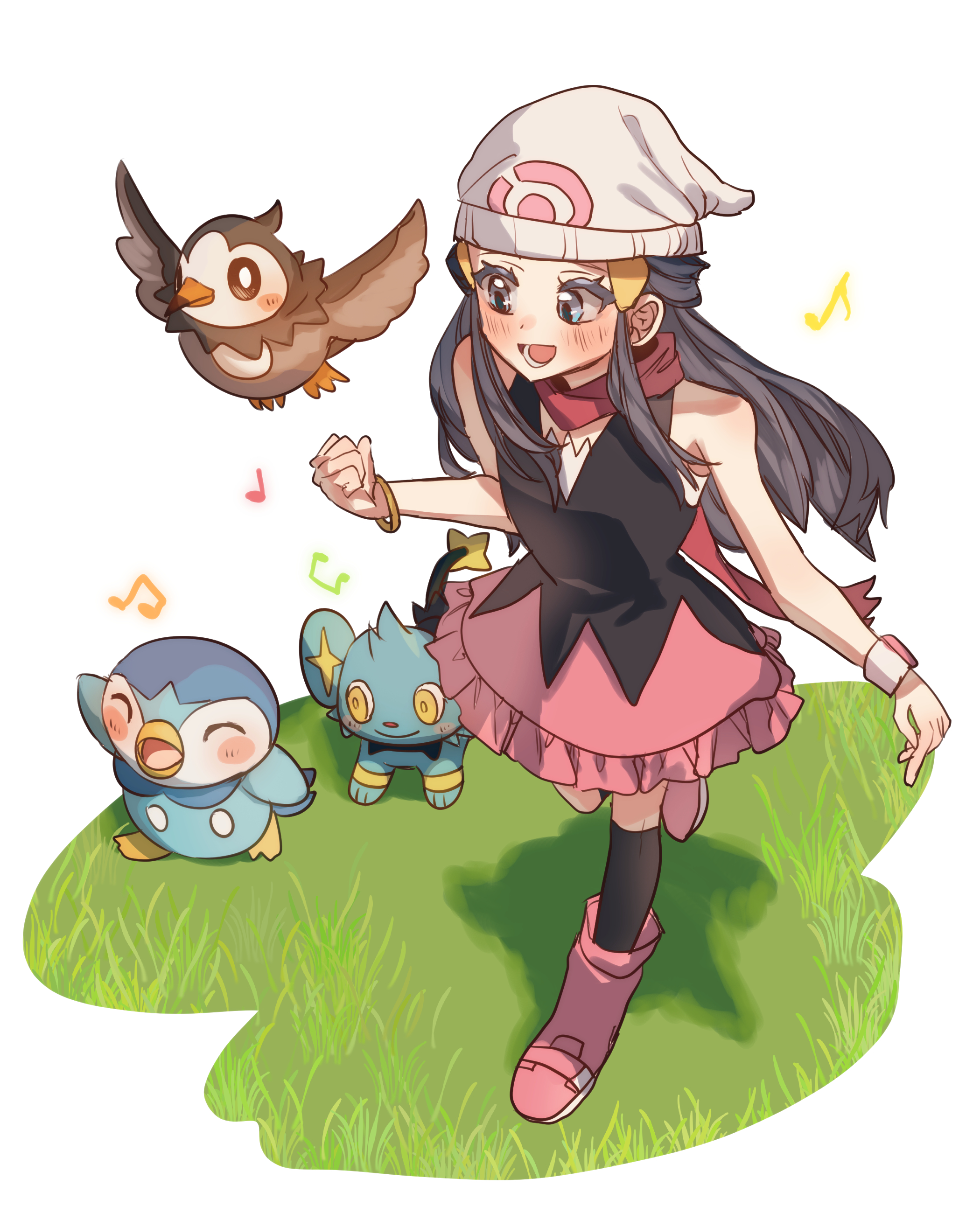 dawn (pokemon), piplup, shinx, starly, nintendo, pokemon, pokemon dppt, absurdres, highres, 1girl, beak, beanie, bird, black hair, black socks, blue eyes, blue hair, blush, boots, bracelet, breasts, closed eyes, closed mouth, flying, gen 4 pokemon, hair ornament, hairclip, hat, jewelry, kneehighs, long hair, musical note, open mouth, penguin, pink boots, pink skirt, poke ball print, poke ball symbol, pokemon (creature), poketch, red scarf, scarf, shirt, skirt, sleeveless, smile, socks, tail, watashi momo, watch, white hat, wings, wristwatch
