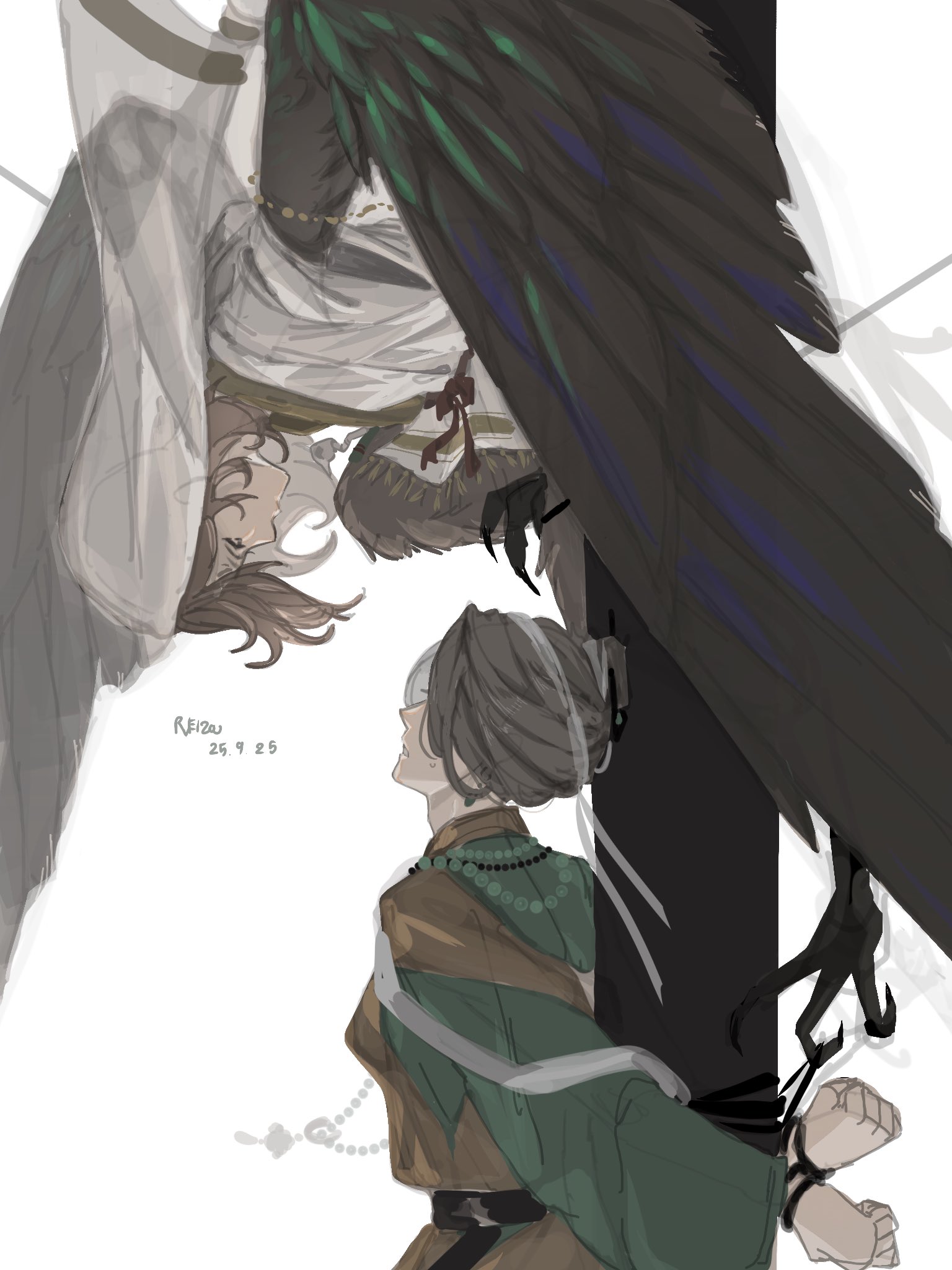 fujji 771, getian (reverse:1999), original, reverse:1999, highres, artist name, bird legs, bird wings, black hair, bound, bound wrists, brown feathers, brown wings, covered eyes, dated, feathers, from side, green shirt, grey hair, hair over eyes, harpy boy, headscarf, looking at another, looking down, monster boy, pillar, profile, shirt, tied up (nonsexual), upside-down, white headscarf, winged arms, wings
