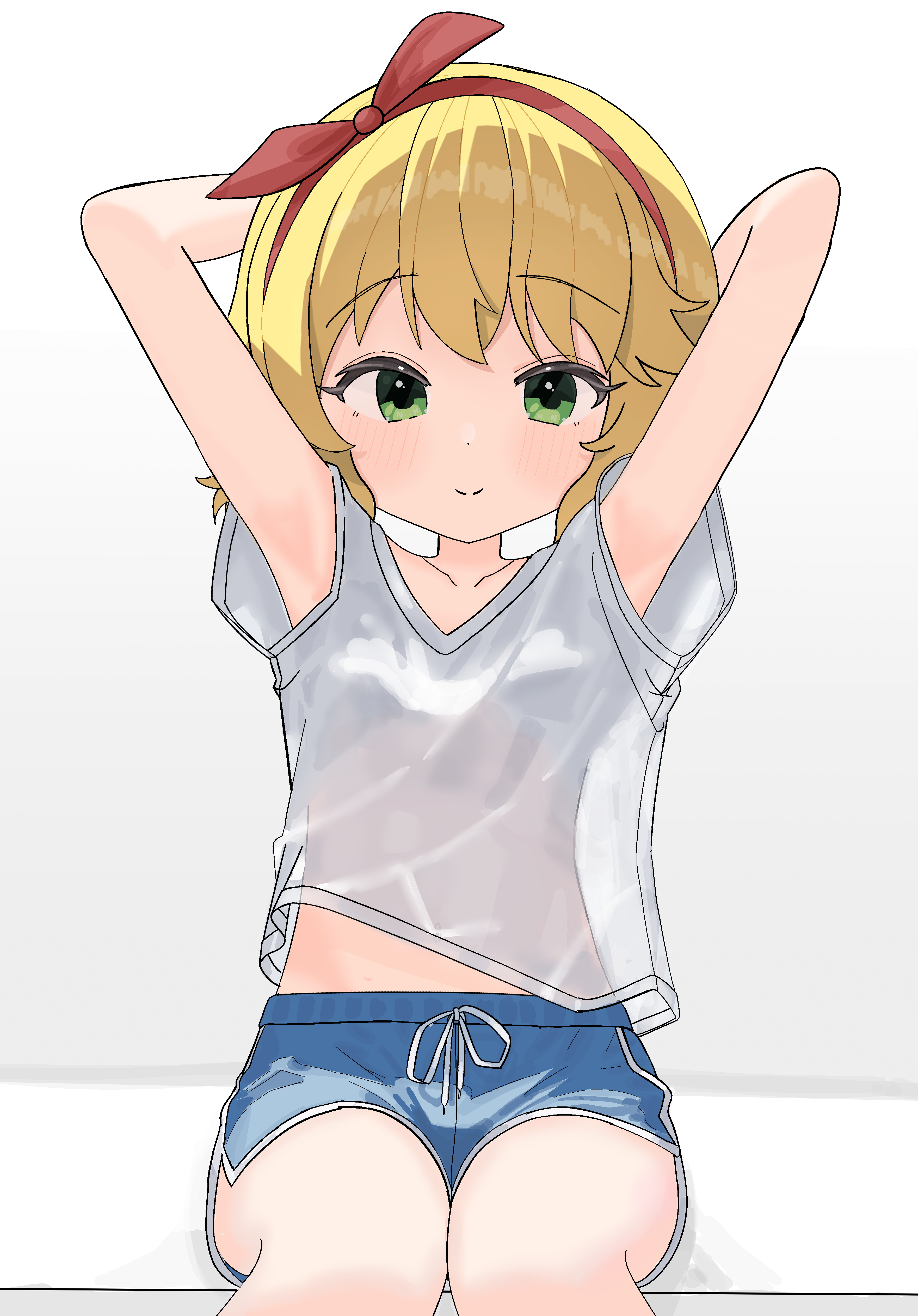 sakurai momoka, idolmaster, idolmaster cinderella girls, absurdres, commentary, highres, 1girl, alternate costume, armpits, arms behind head, bare arms, bare legs, blonde hair, blue shorts, blush, dolphin shorts, feet out of frame, green eyes, hairband, looking at viewer, presenting armpit, red hairband, see-through silhouette, sensai (jky1712), shirt, short hair, shorts, sitting, smile, solo, t-shirt, white shirt
