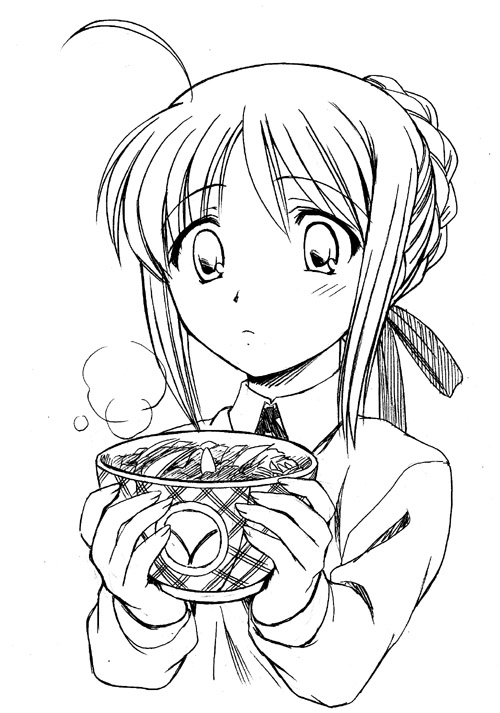 hazama (perdition), artoria pendragon (fate), saber (fate), fate/stay night, fate (series), 00s, ahoge, bowl, greyscale, monochrome, solo