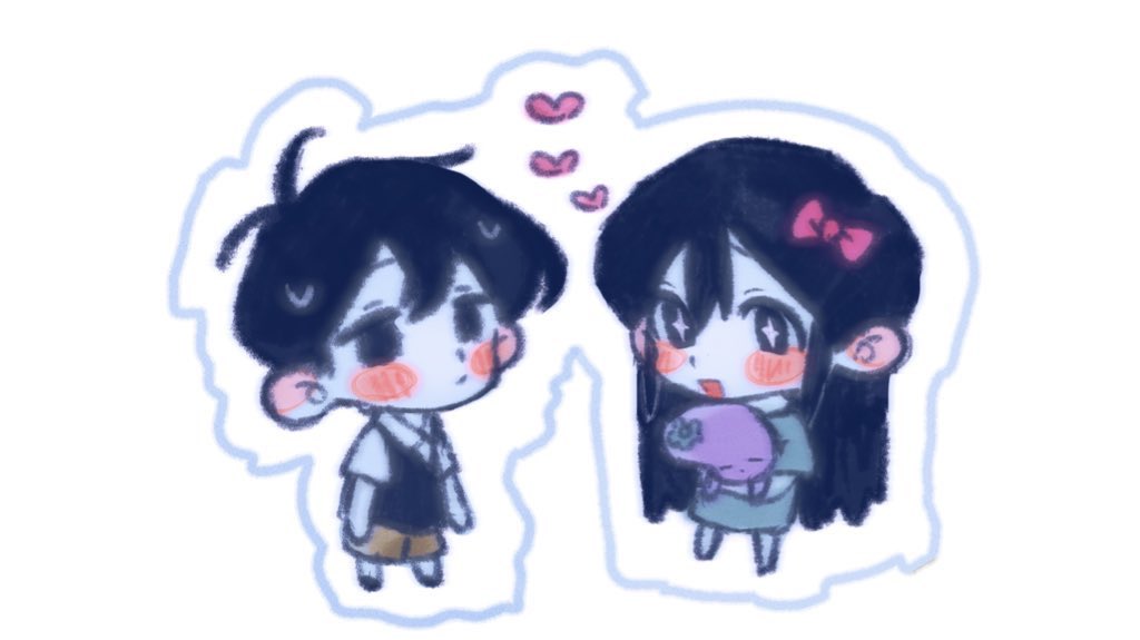 aubrey (headspace) (omori), aubrey (omori), mr. plantegg (omori), sunny (omori), omori, hashtag-only commentary, + +, 1boy, 1girl, :d, absurdly long hair, antenna hair, aqua dress, arms up, barefoot, black eyes, black hair, black shoes, black sweater vest, blush, bow, bright pupils, brown shorts, chibi, chibi only, closed mouth, collared shirt, colored skin, double-parted bangs, dress, ear blush, empty eyes, eye contact, full body, hair between eyes, hair bow, heart, hetero, holding, holding stuffed toy, hugging object, long hair, looking at another, no pupils, open mouth, pink bow, shirt, shoes, short hair, short sleeves, shorts, simple background, sitte marmalade, smile, standing, straight hair, stuffed eggplant, stuffed toy, sweat, sweater vest, very long hair, very short hair, white background, white pupils, white shirt, white skin