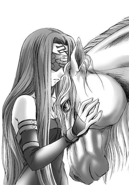 hazama (perdition), bellerophon (fate), medusa (fate), medusa (rider) (fate), fate/stay night, fate (series), 00s, blindfold, greyscale, horse, long hair, monochrome, solo