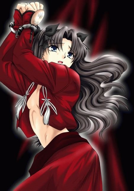hazama (perdition), archer (fate), tohsaka rin, fate/stay night, fate (series), 1girl, archer (fate) (cosplay), bdsm, black hair, bondage, bound, cosplay, female focus, long hair, open clothes, open shirt, shirt, solo, two side up