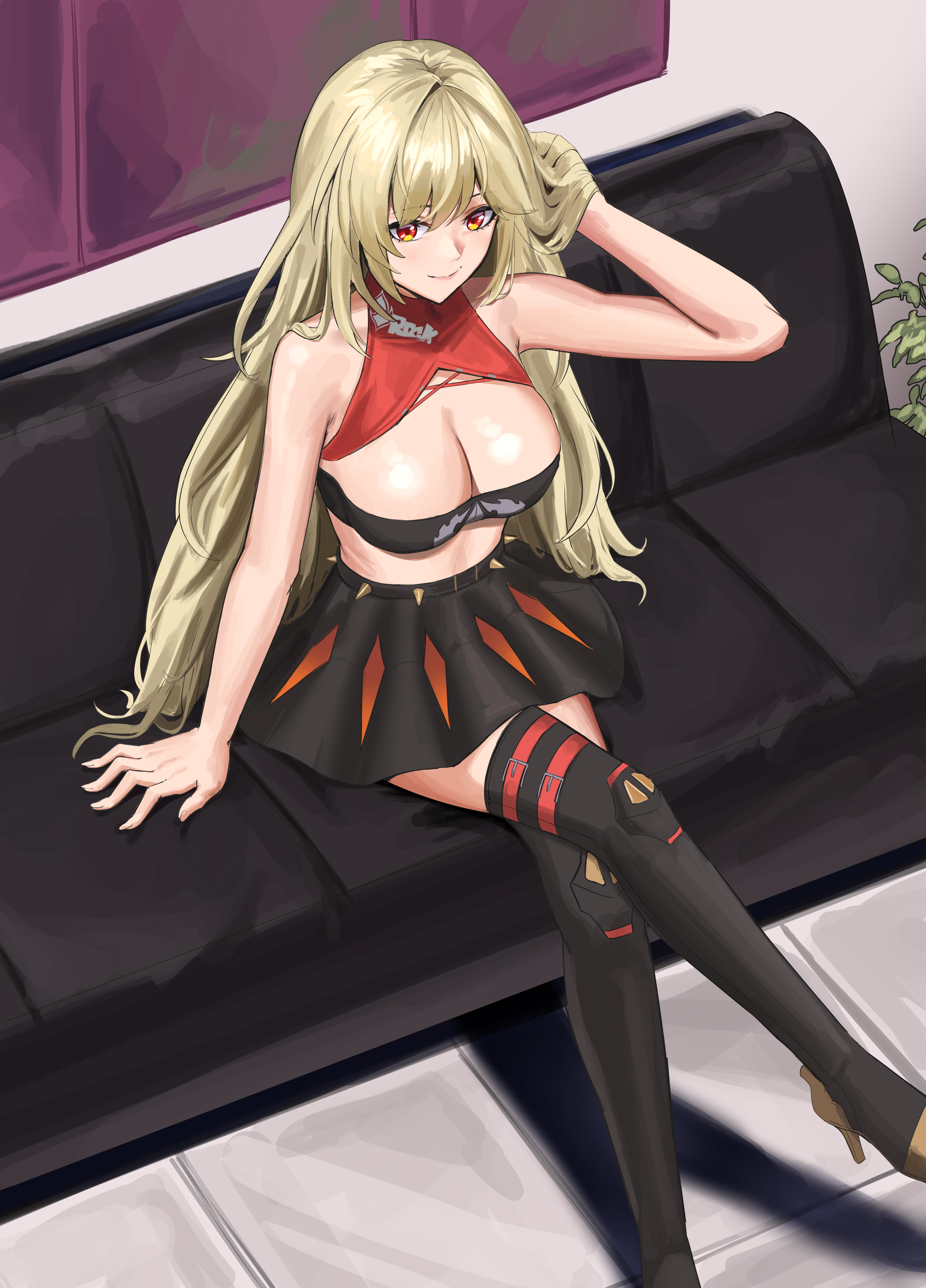 anoreika tomoe, burnice white, zenless zone zero, absurdres, commentary, highres, 1girl, alternate hair length, alternate hairstyle, bare arms, black skirt, black tube top, blonde hair, blush, boots, breasts, cleavage, closed mouth, couch, hair down, indoors, large breasts, long hair, looking at viewer, miniskirt, on couch, red eyes, sitting, skirt, smile, solo, strapless, thigh boots, thighs, tube top