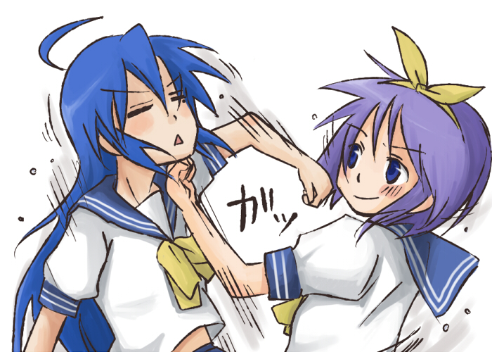 beni shouga, hiiragi tsukasa, izumi konata, lucky star, bad id, bad pixiv id, 00s, 2girls, ahoge, blue eyes, blue hair, bow, closed eyes, crosscounter, frown, hair bow, long hair, midriff, mole, mole under eye, multiple girls, punching, purple hair, school uniform, serafuku, short hair, simple background, smile, tareme, uppercut