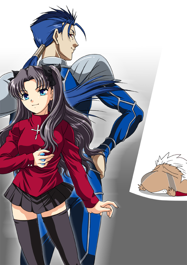 hazama (perdition), archer (fate), cu chulainn (fate), cu chulainn (fate/stay night), cu chulainn (lancer) (fate), tohsaka rin, fate/stay night, fate (series), tall, 00s, 1girl, 2boys, armor, back-to-back, black hair, blue eyes, blue hair, dark-skinned male, dark skin, height difference, long hair, multiple boys, skirt, tears, thighhighs, white hair, zettai ryouiki