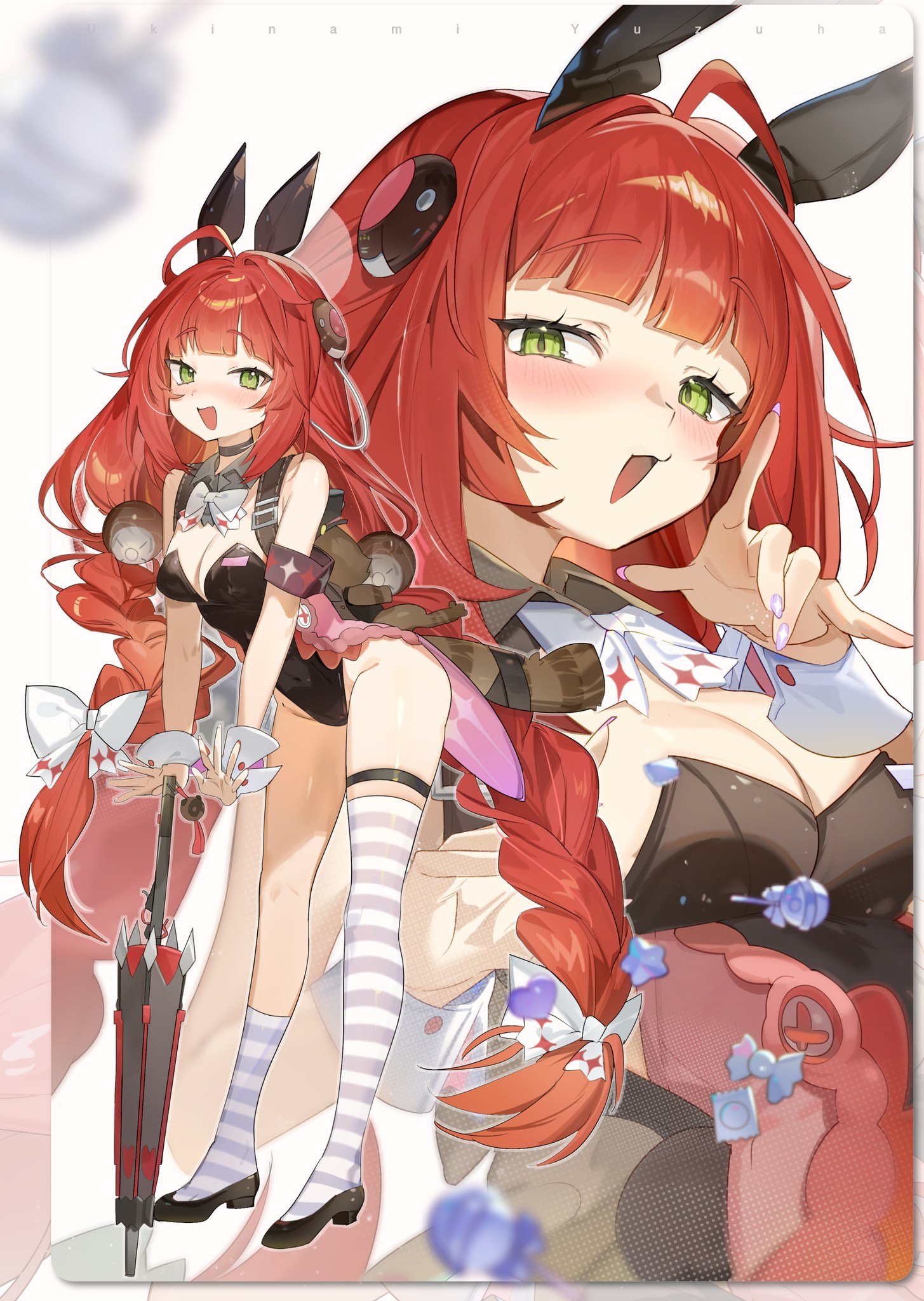 jamama, kamanosuke (zenless zone zero), ukinami yuzuha, zenless zone zero, braided twintails, commentary, highres, 1girl, 1other, animal, animal ear hairband, animal ears, animal on back, armband, ass, asymmetrical legwear, backpack, bag, black leotard, black shoes, blush, braid, breasts, candy, character name, charm (object), chest bow, covered navel, fake animal ears, food, green eyes, hair ornament, hair ribbon, hairband, hearing aid, heart, highleg, highleg leotard, leaning forward, leotard, looking at viewer, multiple hair ribbons, nail polish, open mouth, playboy bunny, pointing, purple nails, rabbit ear hairband, rabbit ears, raccoon, red hair, red umbrella, ribbon, shoes, sphere hair ornament, standing, star (symbol), striped clothes, striped thighhighs, tanuki, thigh strap, thighhighs, twintails, umbrella, uneven legwear, white background, white ribbon, white wrist cuffs, wrist cuffs