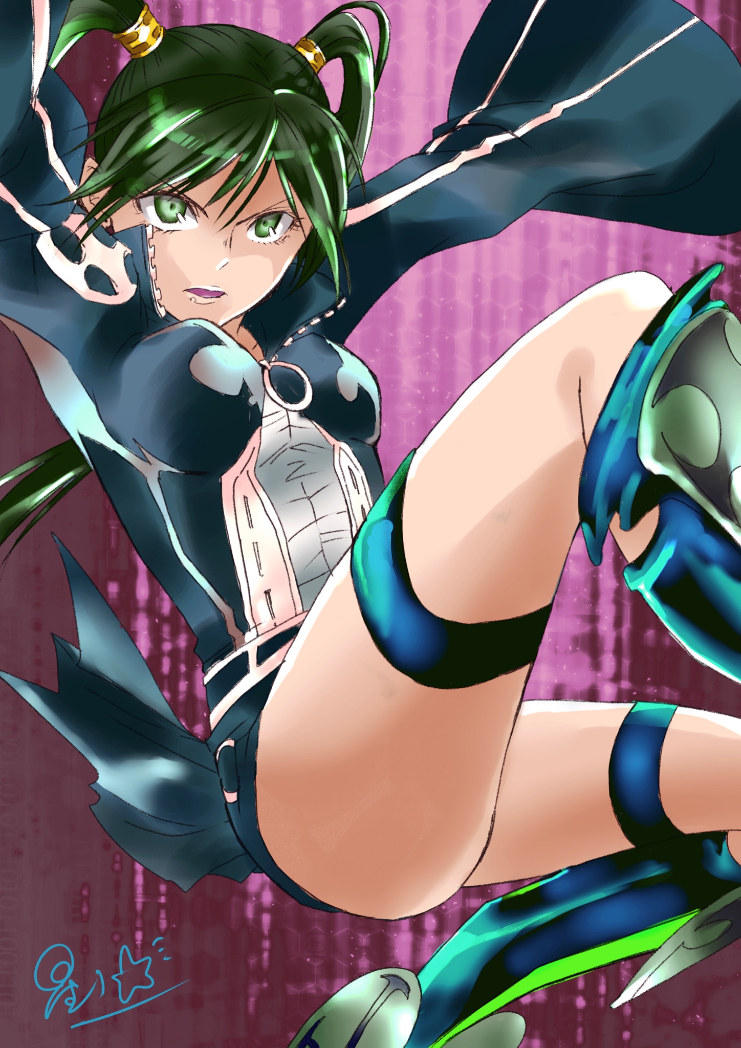 lenalee lee, d.gray-man, highres, 1girl, armored boots, belt, black boots, black jacket, black order uniform, black shorts, black skirt, boots, breasts, collared jacket, cross, earrings, facing to the side, floating, floating clothes, floating hair, floating sleeves, front zipper, frown, gradient background, green eyes, green hair, hair between eyes, hair ornament, hairclip, jacket, jewelry, legs, lips, long hair, long sleeves, looking to the side, medium breasts, miniskirt, outstretched arms, parted bangs, parted lips, pikarin, purple background, shorts, sidelocks, signature, skirt, solo, striped clothes, striped jacket, stud earrings, thigh strap, thighs, twintails, vertical-striped clothes, vertical-striped jacket, zipper