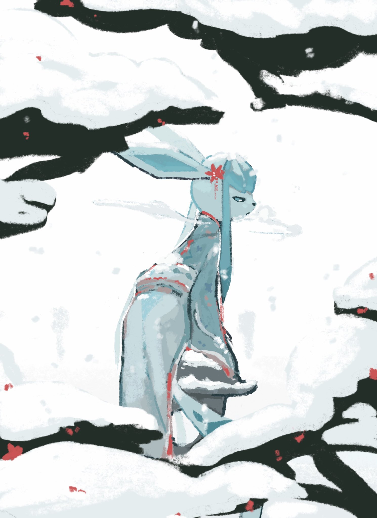 draw pann33, glaceon, nintendo, pokemon, highres, animal focus, blue eyes, blue fur, blue kimono, clothed pokemon, flower, full body, gen 4 pokemon, hair flower, hair ornament, japanese clothes, kimono, looking to the side, no humans, outdoors, pokemon (creature), pokemon focus, red flower, red petals, red trim, sidelocks, simple background, snow, solo, standing, two-tone fur, white background