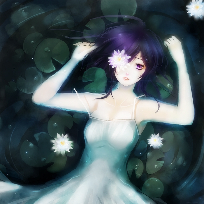 yu-kichi, yuukichi, yuukichi (pixiv19306), chrome dokuro, katekyo hitman reborn!, 00s, 1girl, afloat, dress, eyepatch, female focus, flower, from above, lily pad, lotus, lying, purple eyes, purple hair, solo, water, water lily flower, waterlily