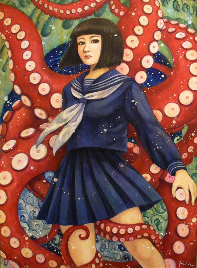 nadeshiko rin, original, traditional media, blunt bangs, bob cut, brown eyes, brown hair, octopus, school uniform, short hair, solo, tentacles