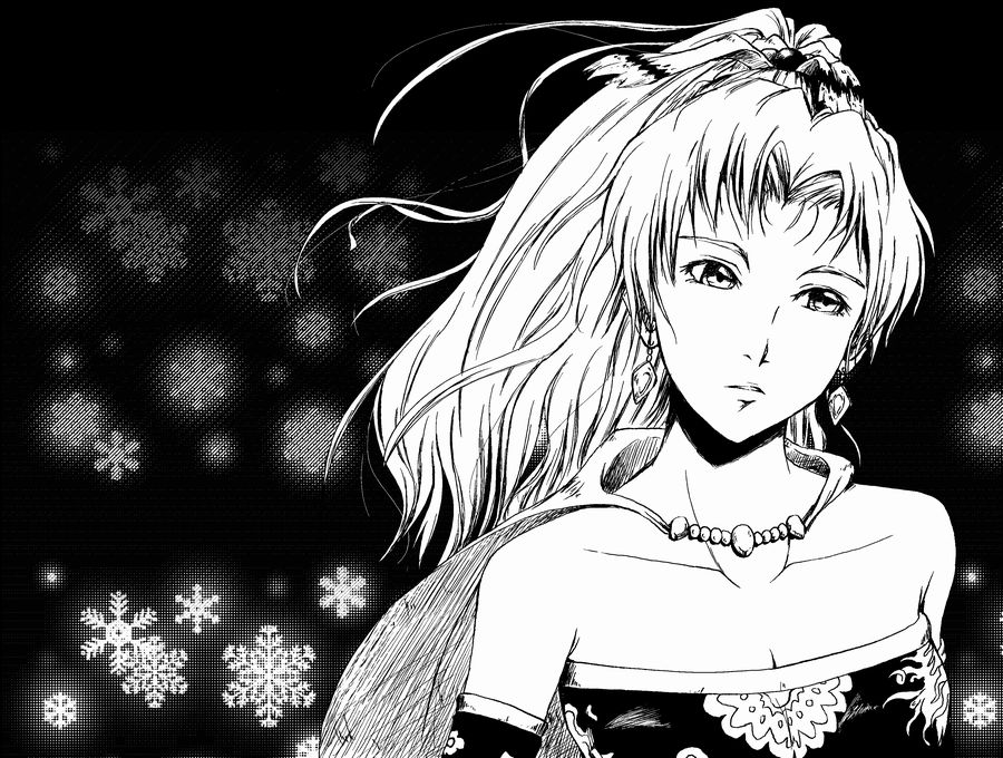 yutan, tina branford, final fantasy, final fantasy vi, 1990s (style), 1girl, cape, female focus, greyscale, monochrome, ponytail, retro artstyle, solo