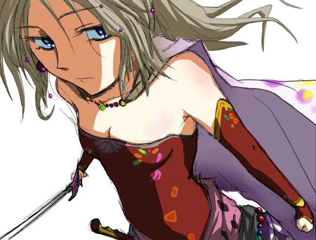 yuuki (yuuki333), tina branford, final fantasy, final fantasy vi, 1990s (style), 1girl, blonde hair, blue eyes, breasts, cape, cleavage, detached sleeves, female focus, long hair, retro artstyle, small breasts, solo, sword, weapon