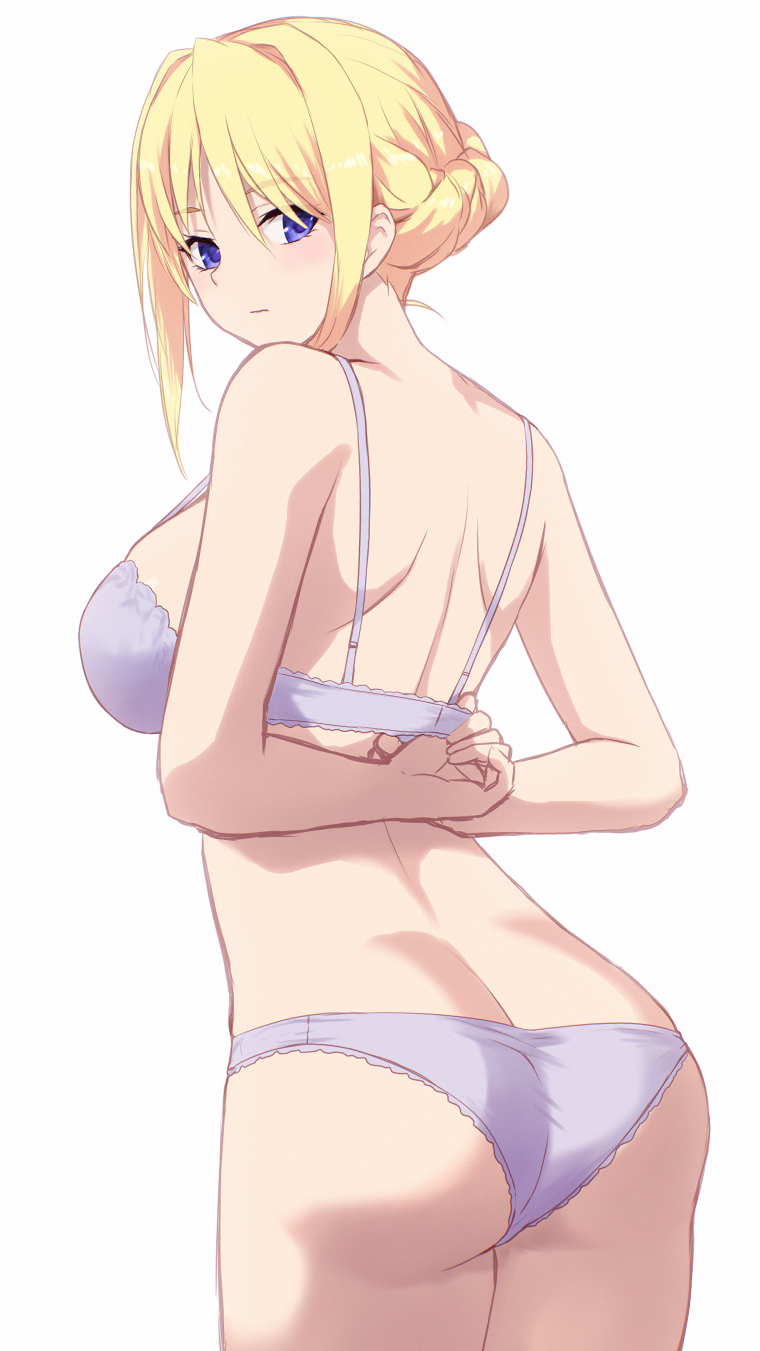 cait aron, silvia van hossen, princess lover, highres, 1girl, arms behind back, ass, bare arms, bare shoulders, blonde hair, blue eyes, bra, braid, breasts, closed mouth, from behind, hair intakes, looking at viewer, looking back, medium breasts, panties, purple bra, purple panties, simple background, solo, underwear, underwear only, white background