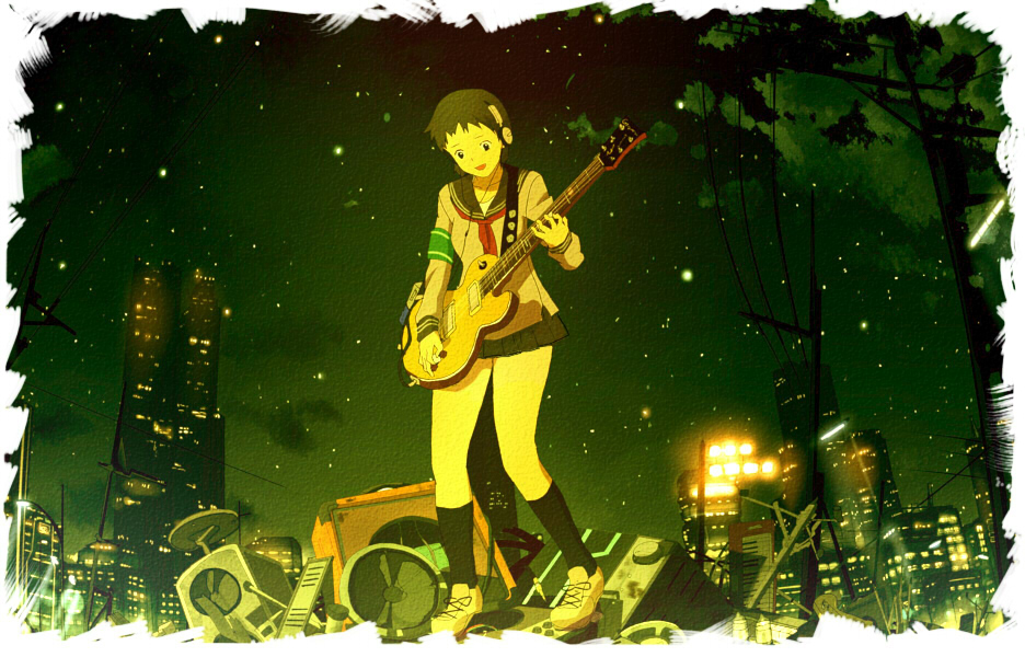 inumaroboya, inumaru (sougen no marogoya), original, city, guitar, headphones, instrument, night, power lines, school uniform, short hair, skirt, speaker, star (symbol)