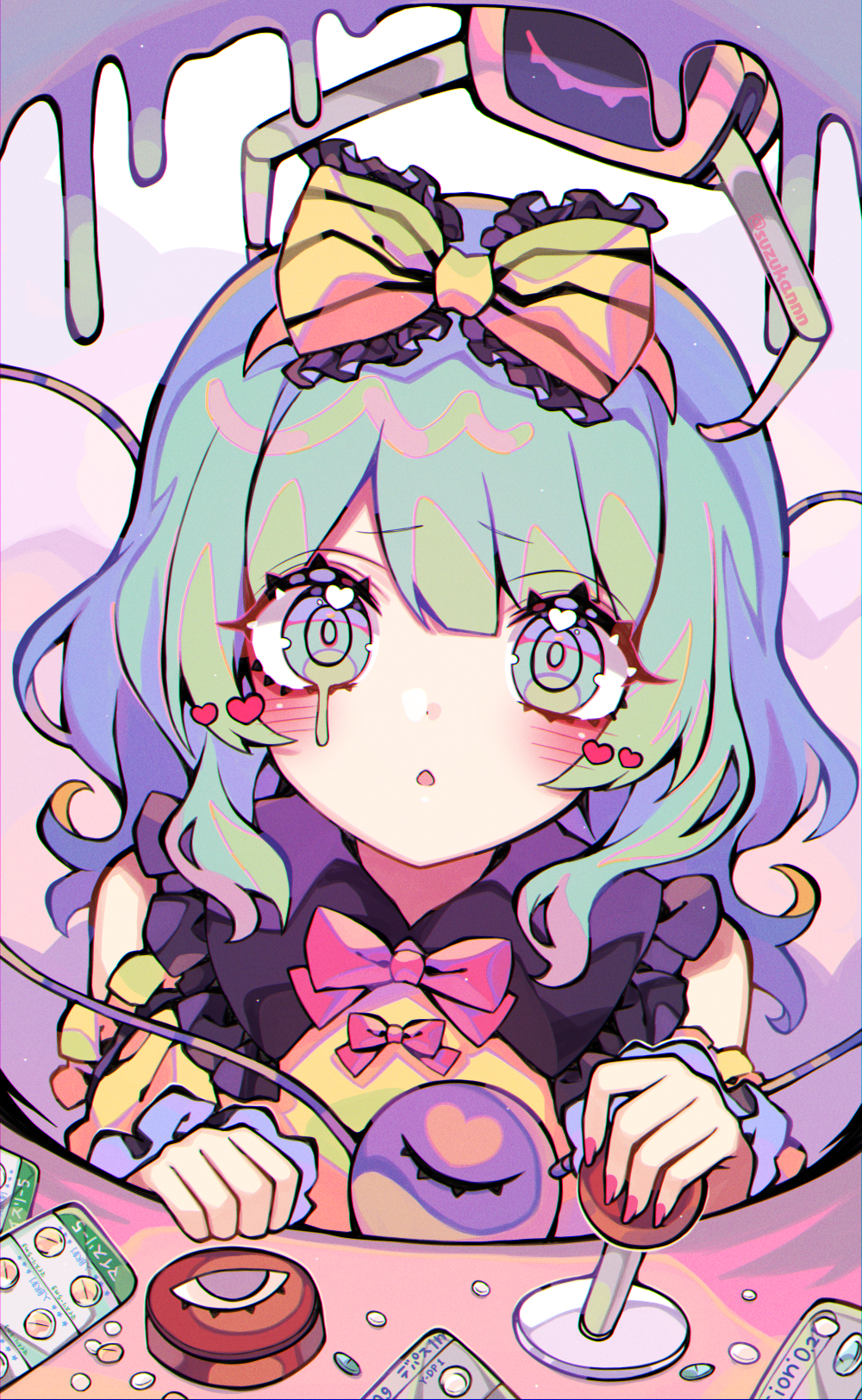kyouda suzuka, komeiji koishi, touhou, commentary request, highres, 1girl, arcade cabinet, bare shoulders, blush, bow, collared shirt, contrast collar, controller, crane game, cutout eyelashes, frilled bow, frilled shirt collar, frills, green eyes, green hair, hair bow, heart, heart in eye, joystick, long hair, looking at viewer, parted lips, pill, pink nails, red bow, shirt, solo, symbol in eye, third eye, twitter username, yellow bow, yellow shirt