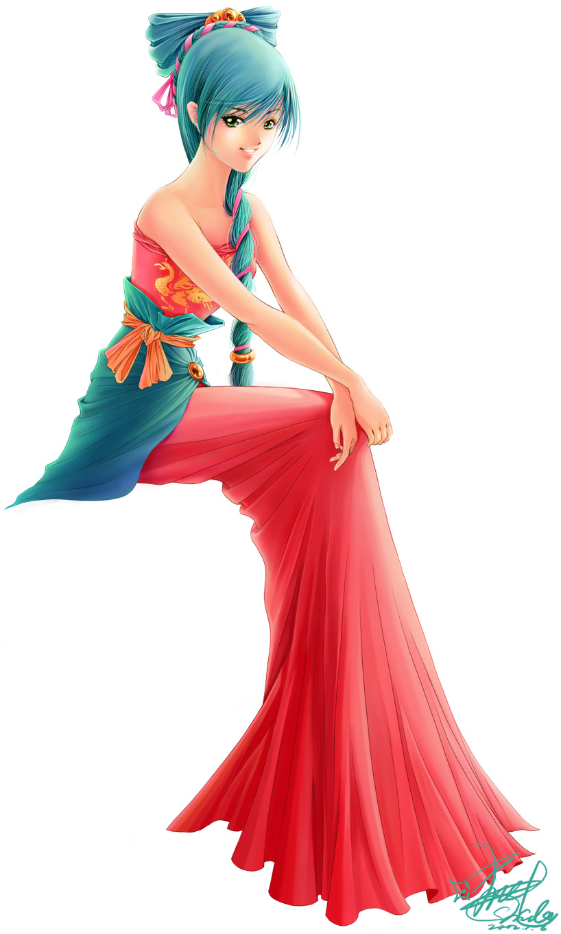 highres, 00s, 1girl, 2002, bare shoulders, braid, dated, dress, female focus, green eyes, grin, invisible chair, long hair, signature, sitting, smile, solo, strapless, strapless dress, white background