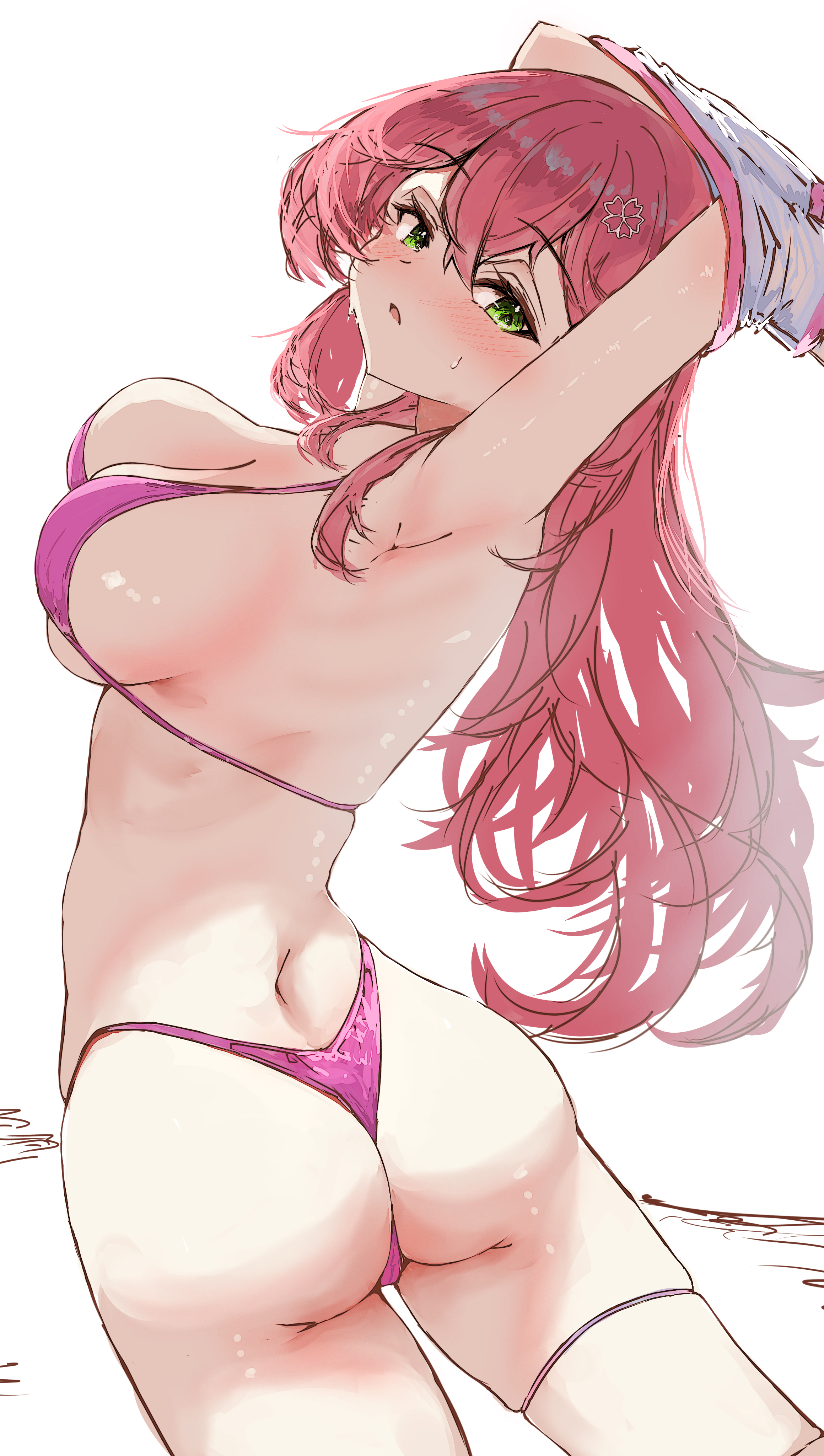 tazrn1, sakura miko, hololive, absurdres, highres, 1girl, armpits, arms behind head, arms up, ass, bikini, blush, breasts, cleavage, green eyes, large breasts, looking at viewer, open mouth, pink bikini, pink hair, sideboob, solo, swimsuit, thigh strap, virtual youtuber