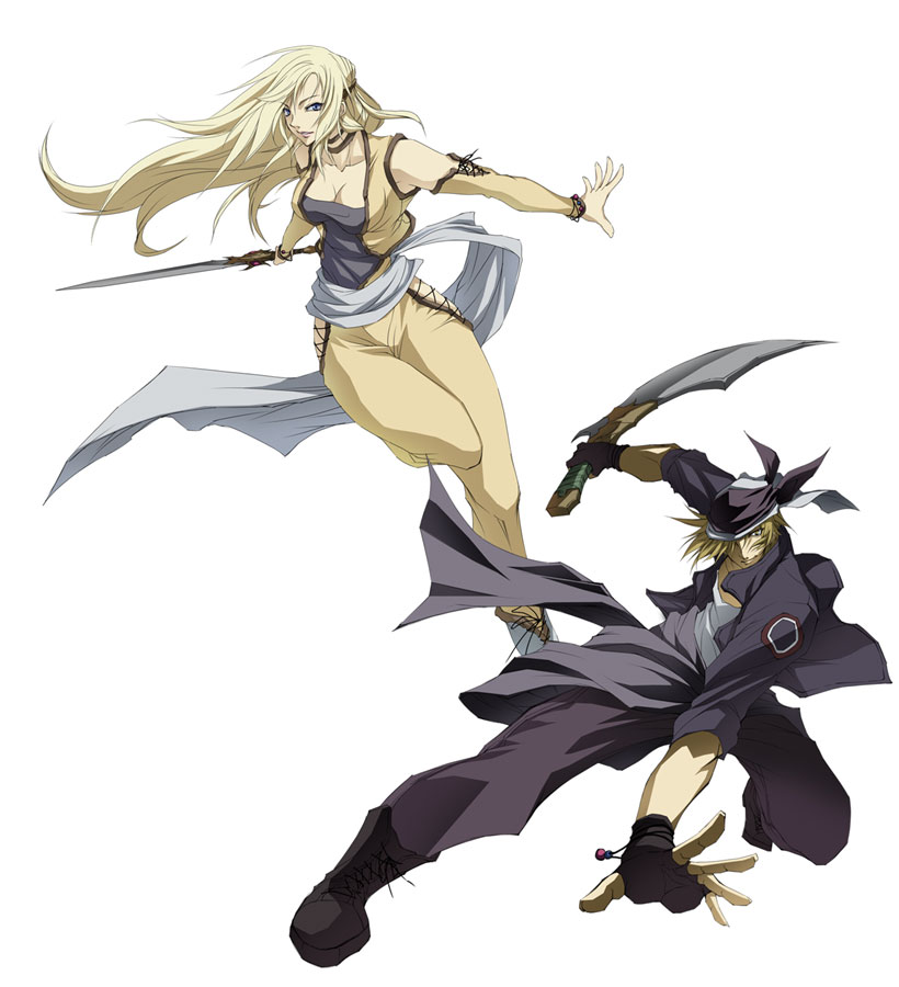 ferio, celes chere, locke cole, final fantasy, final fantasy vi, 1990s (style), 1boy, 1girl, bandana, blonde hair, blue eyes, breasts, cleavage, detached sleeves, fingerless gloves, gloves, knife, long hair, sword, weapon