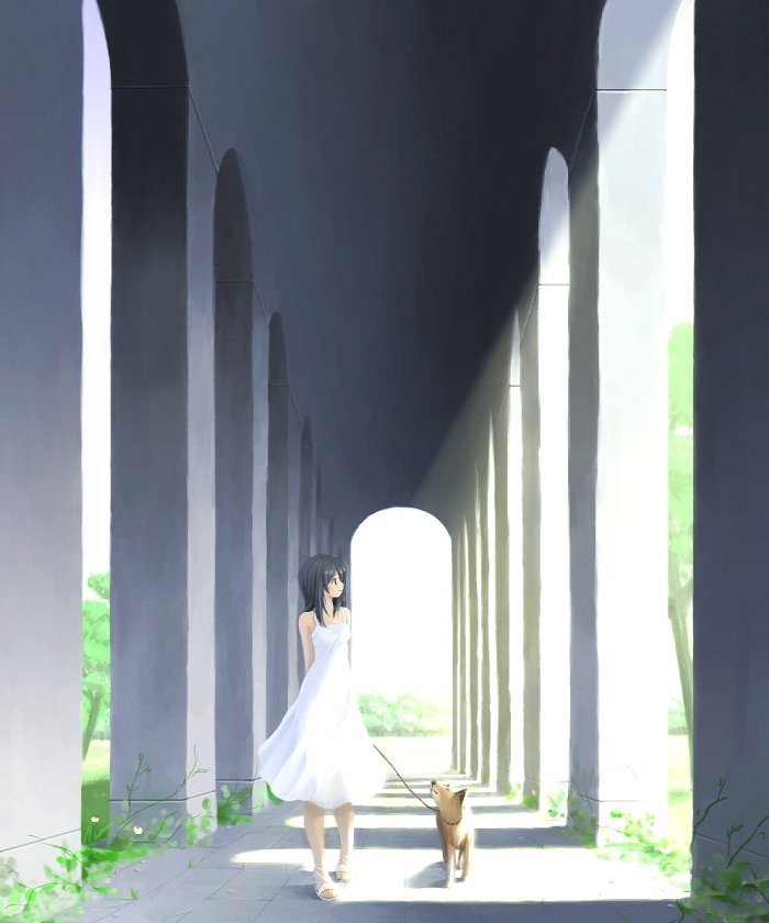 original, commentary request, opencanvas (medium), 1girl, arch, architecture, black hair, closed mouth, day, dog, dress, expressionless, full body, grass, holding, holding leash, leash, looking afar, outdoors, perspective, plant, sandals, scenery, short hair, solo, sundress, sunlight, tororo (16763), vines, walking, white dress, white sandals