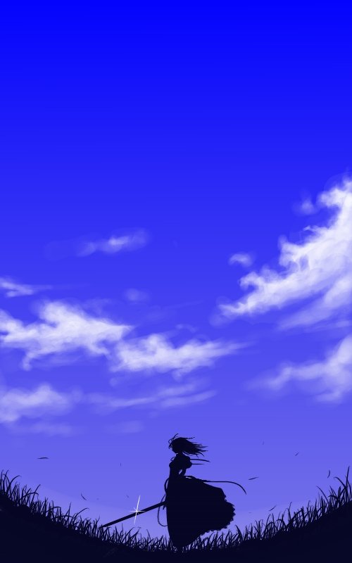 swordsman (ragnarok online), ragnarok online, commentary request, opencanvas (medium), 1girl, blue sky, cloud, day, dress, full body, glint, grass, holding, holding sword, holding weapon, long hair, outdoors, scenery, silhouette, sky, solo, sword, tororo (16763), weapon