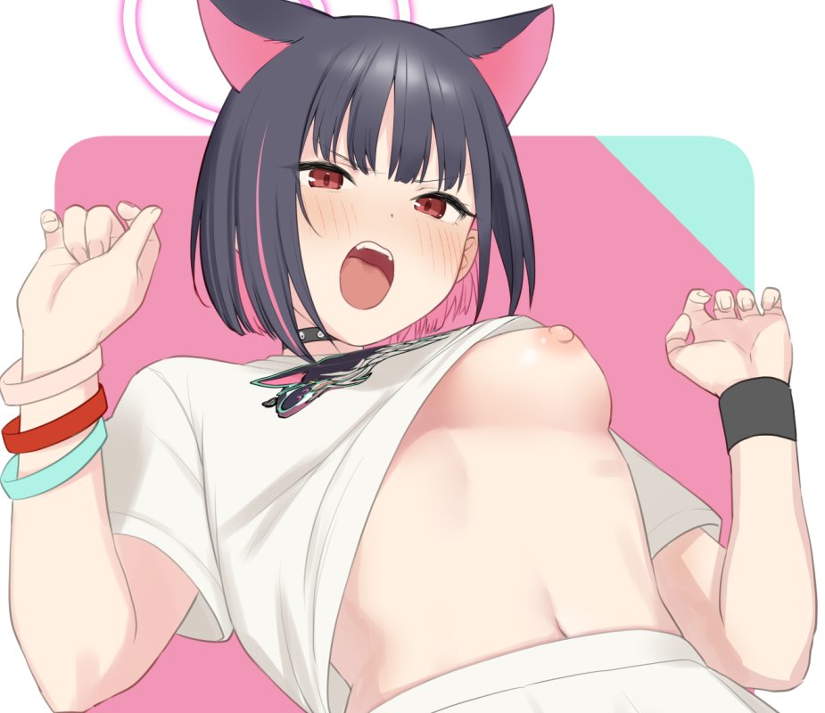 sakiecho, kazusa (band) (blue archive), kazusa (blue archive), blue archive, commentary request, 1girl, animal ears, black choker, black hair, blush, border, breasts, cat ears, choker, clothes lift, colored inner hair, halo, looking at viewer, medium breasts, multicolored hair, navel, nipples, official alternate costume, open mouth, outside border, pink background, pink hair, pink halo, print shirt, red eyes, rounded corners, shirt, shirt lift, short sleeves, sidelocks, skirt, solo, stomach, streaked hair, t-shirt, teeth, upper body, upper teeth only, white border, white skirt, wristband