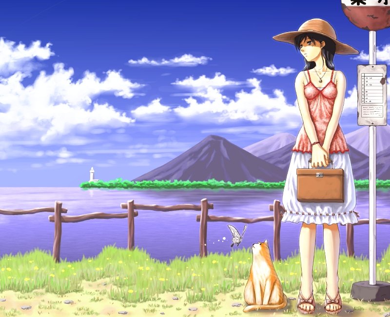 original, commentary request, opencanvas (medium), 1girl, bag, black eyes, black hair, blue sky, brown bag, brown sandals, bug, bus stop, bus stop sign, butterfly, camisole, cat, closed mouth, cloud, expressionless, full body, grass, hat, holding, holding bag, insect, lighthouse, looking afar, mountain, ocean, orange cat, outdoors, pink camisole, sandals, school bag, skirt, sky, solo, straw hat, tororo (16763), water, white butterfly, white skirt